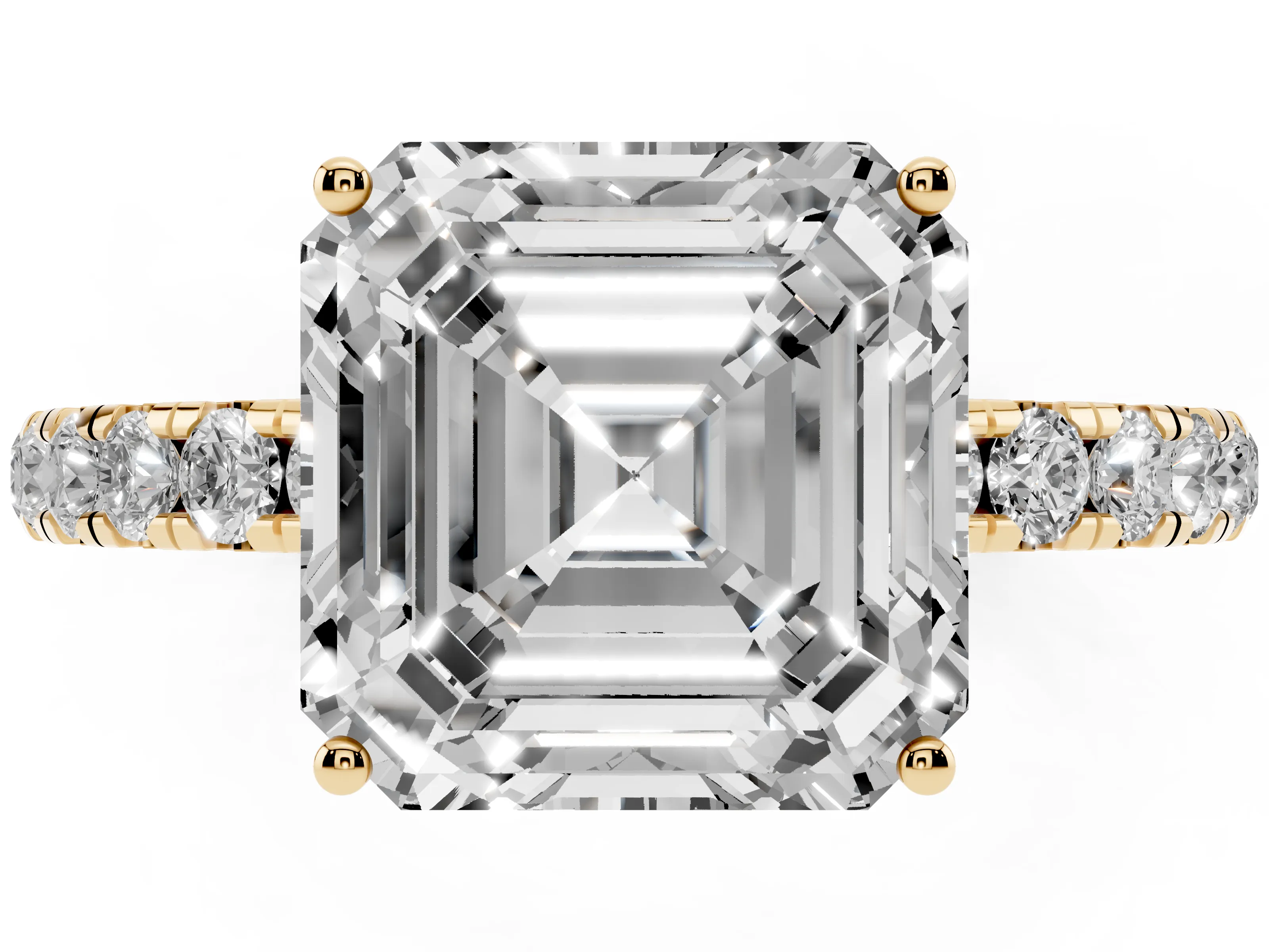 Asscher Cut Diamond Pavé Solitaire Engagement Ring Set in Yellow gold with Prong Setting