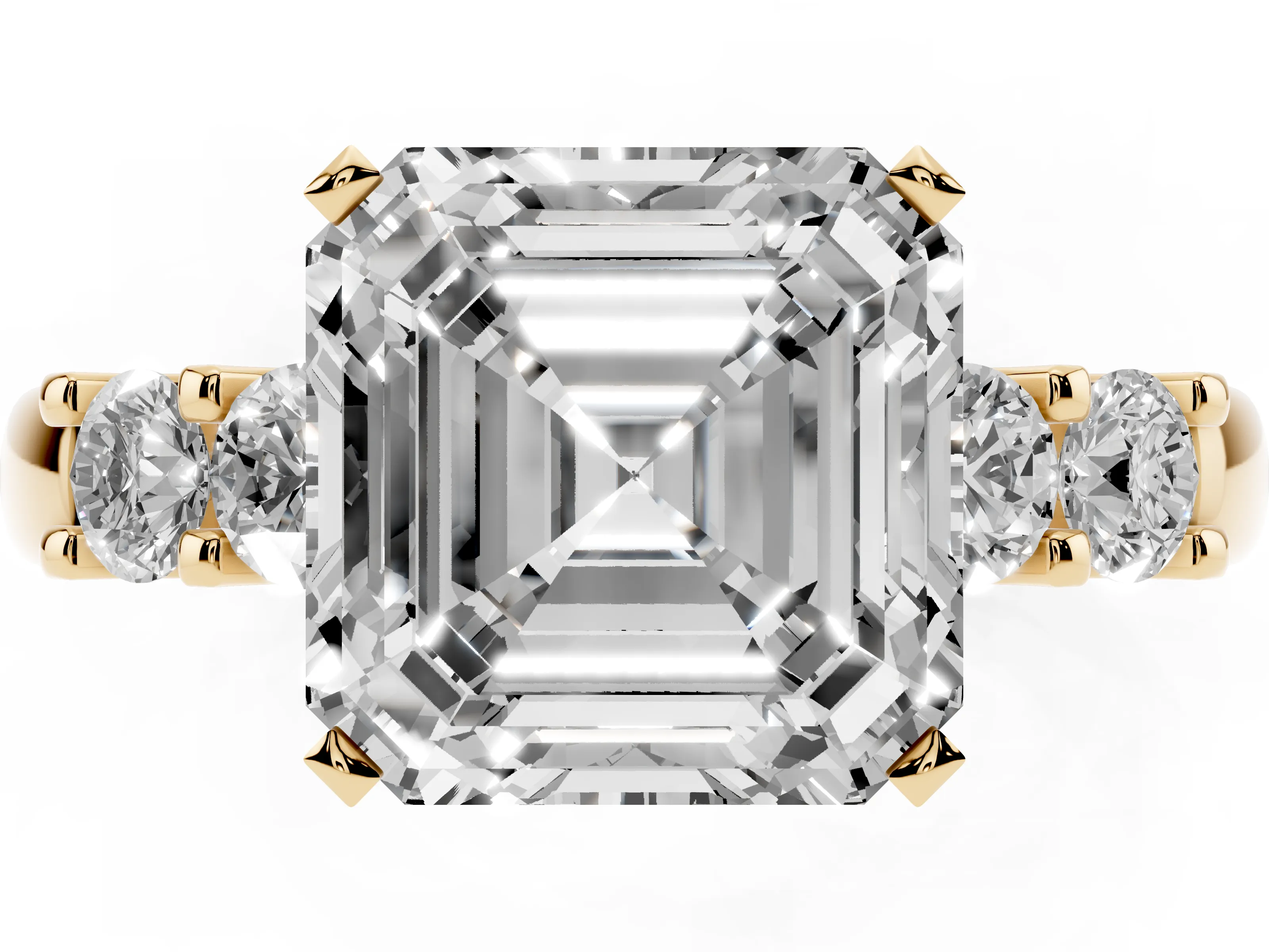 Asscher Cut Diamond Five-Stone Prong Set Engagement Ring Set in Yellow gold with Channel Band