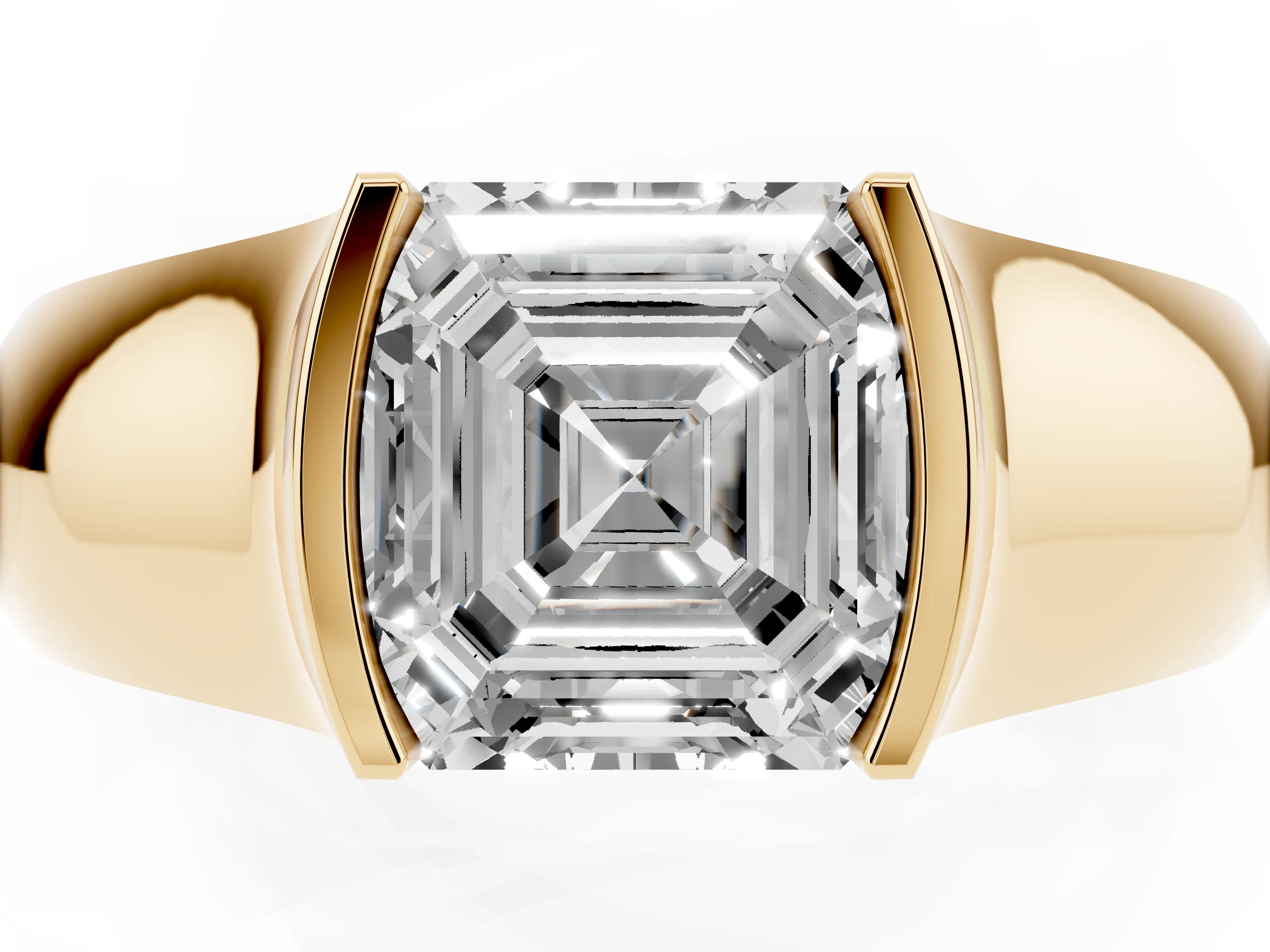 Asscher Cut Diamond Bezel Solitaire Ring Set in Yellow gold with Wide Band