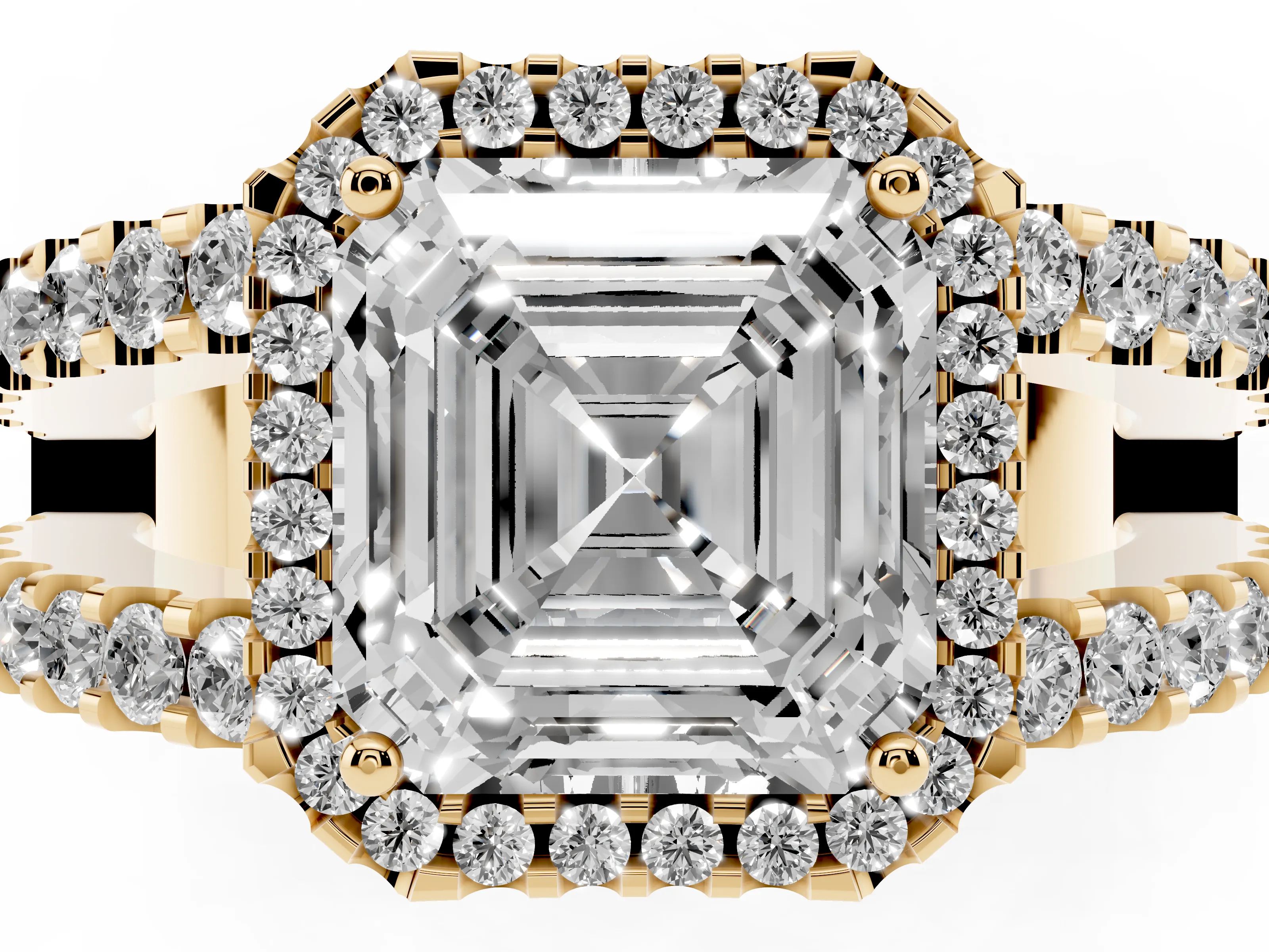 Asscher Cut Diamond Halo Ring Set in Yellow gold with Pavé Split Shank and Prong Setting