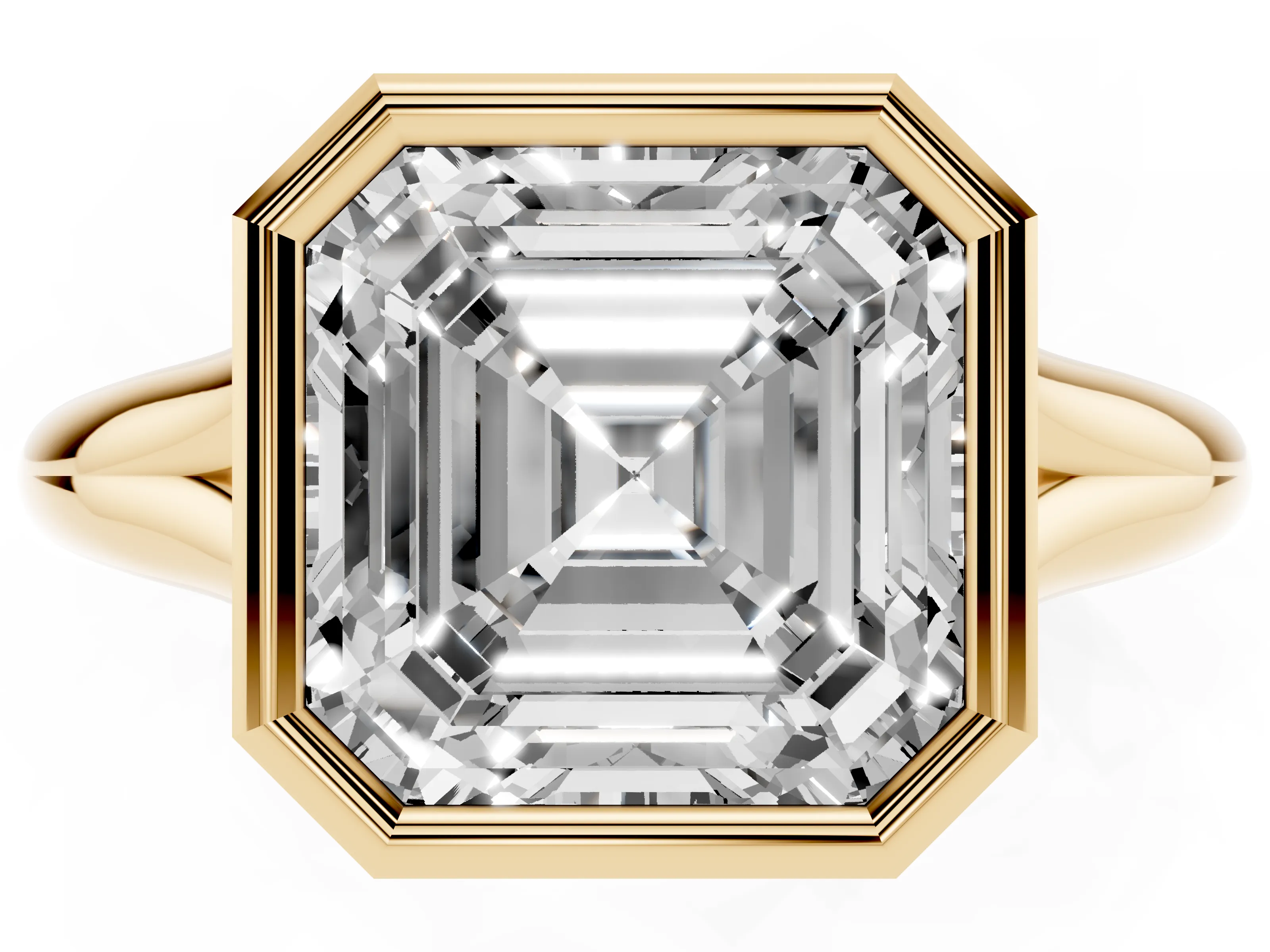 Bezel Set Asscher Cut Diamond Solitaire Ring Set in Yellow gold with Smooth Band