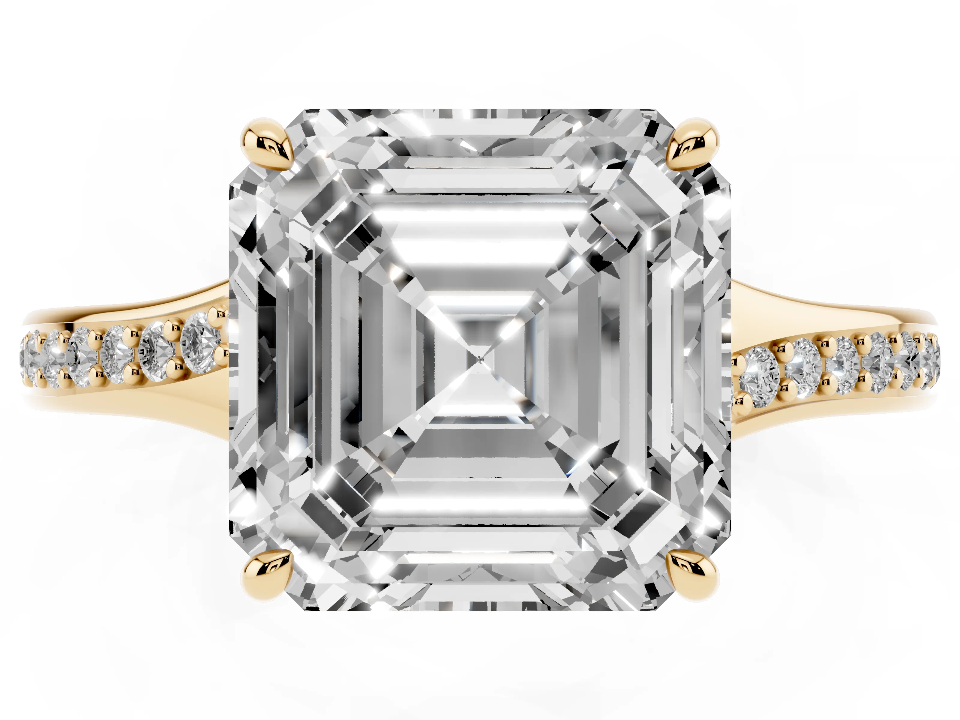 Asscher Cut Diamond Solitaire Ring Set in Yellow gold with Pavé Accent Band and Classic Prong Setting