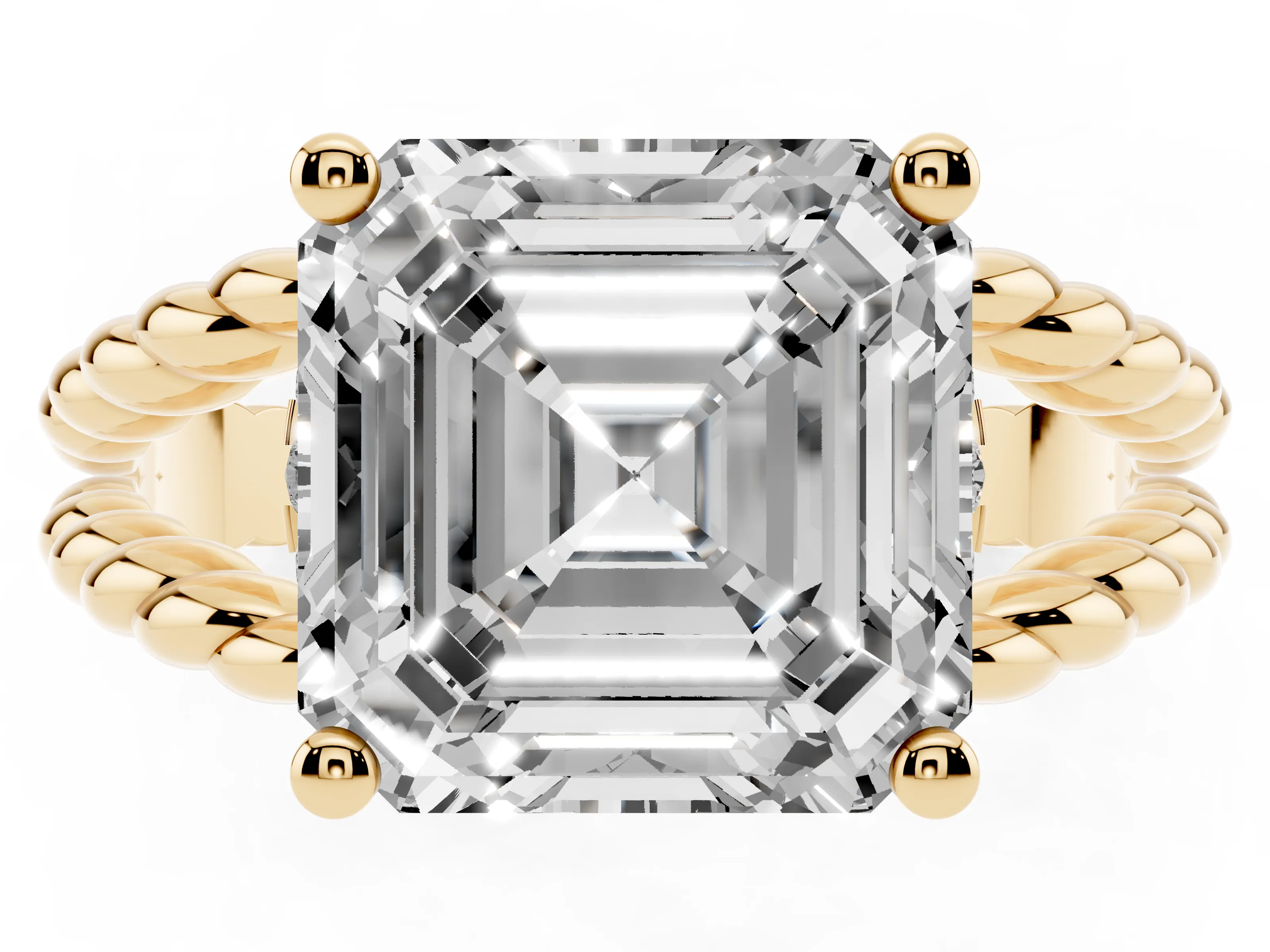 Asscher Cut Diamond Halo Ring Set in Yellow gold with Twisted Band and Prong Setting