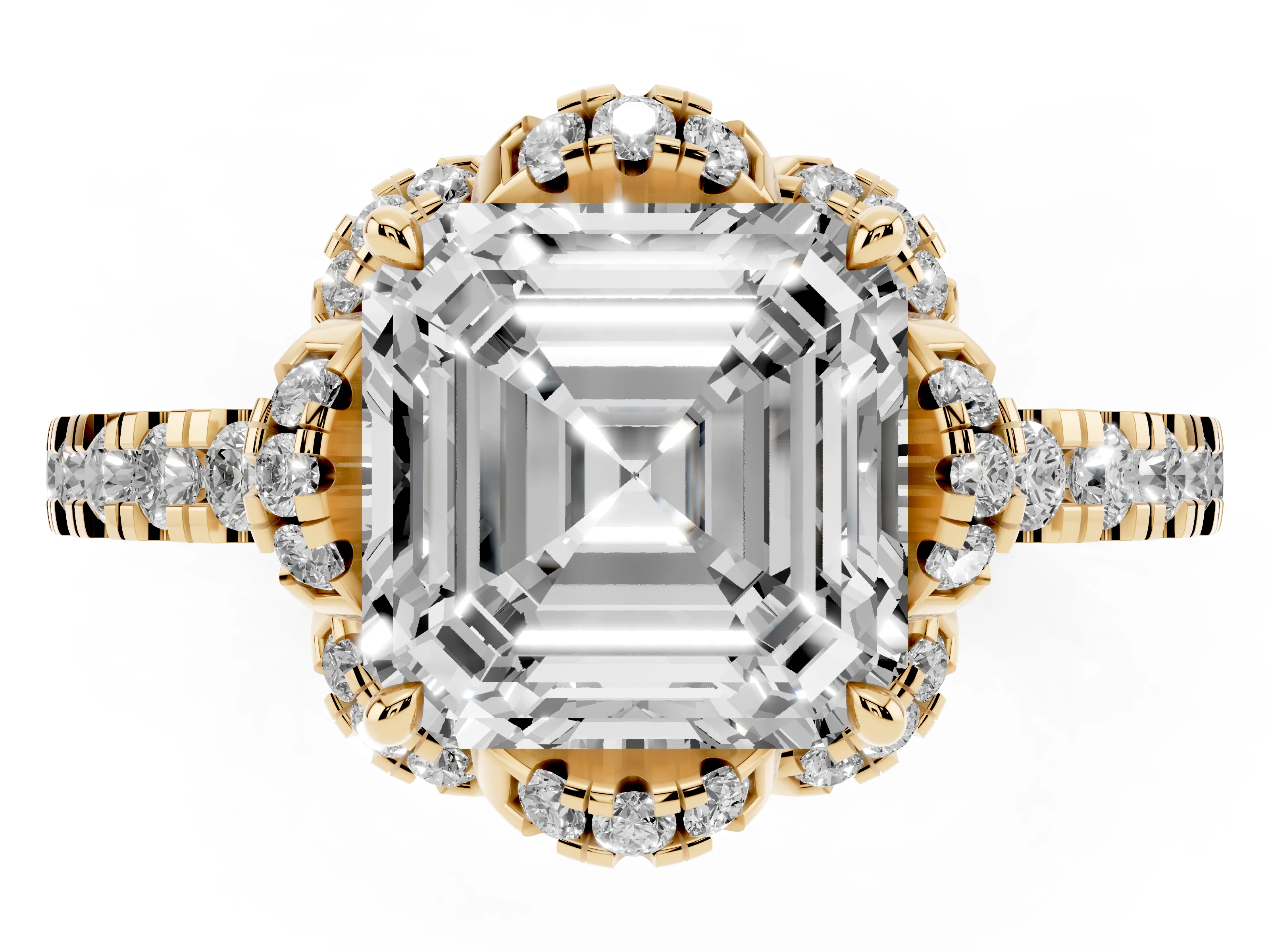 Asscher Cut Diamond Halo Pavé Band Ring Set in Yellow gold with Prong-Held Center