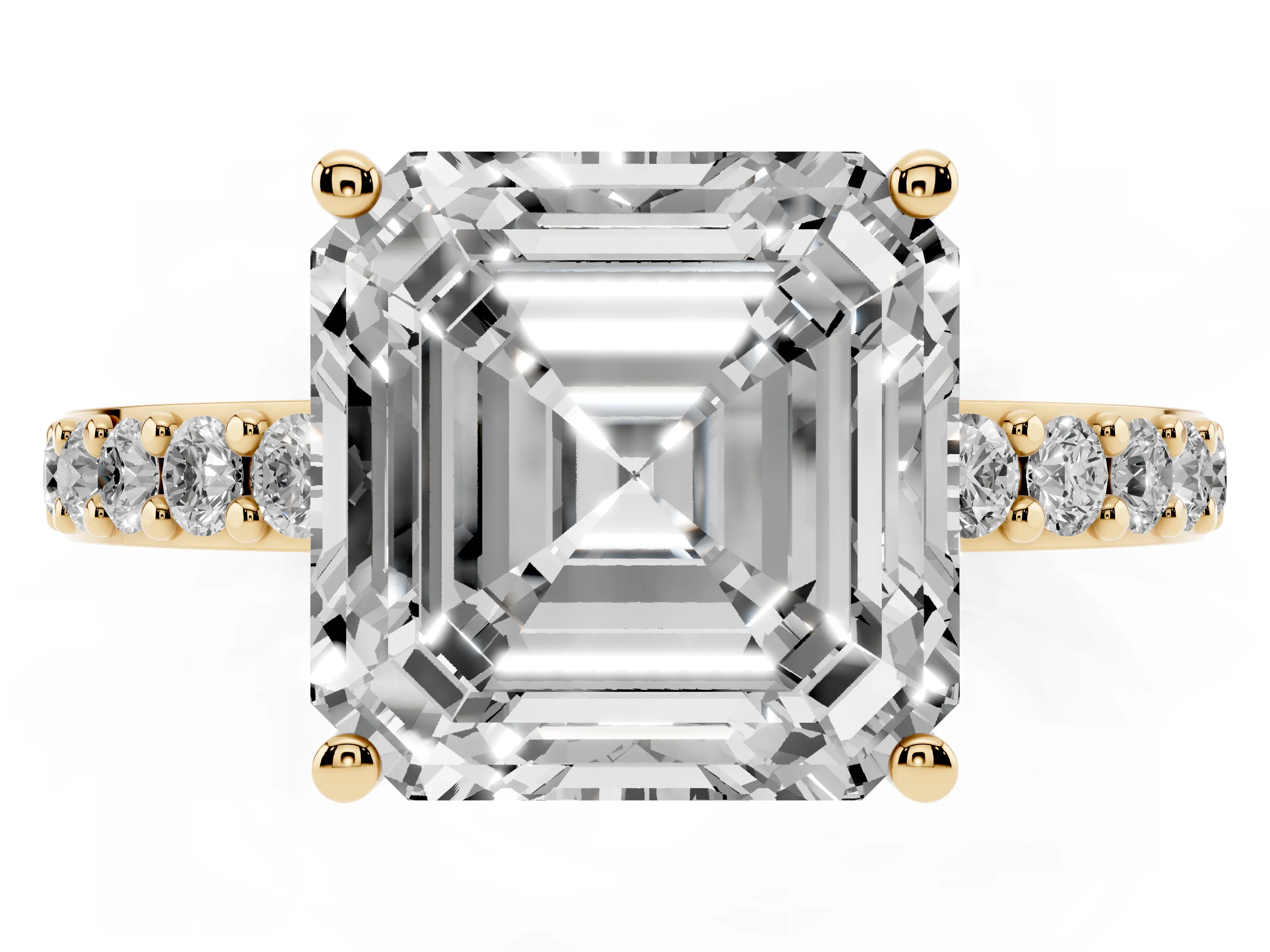 Asscher Cut Diamond Solitaire Set in Yellow gold with Round Pavé Band and Prong Setting