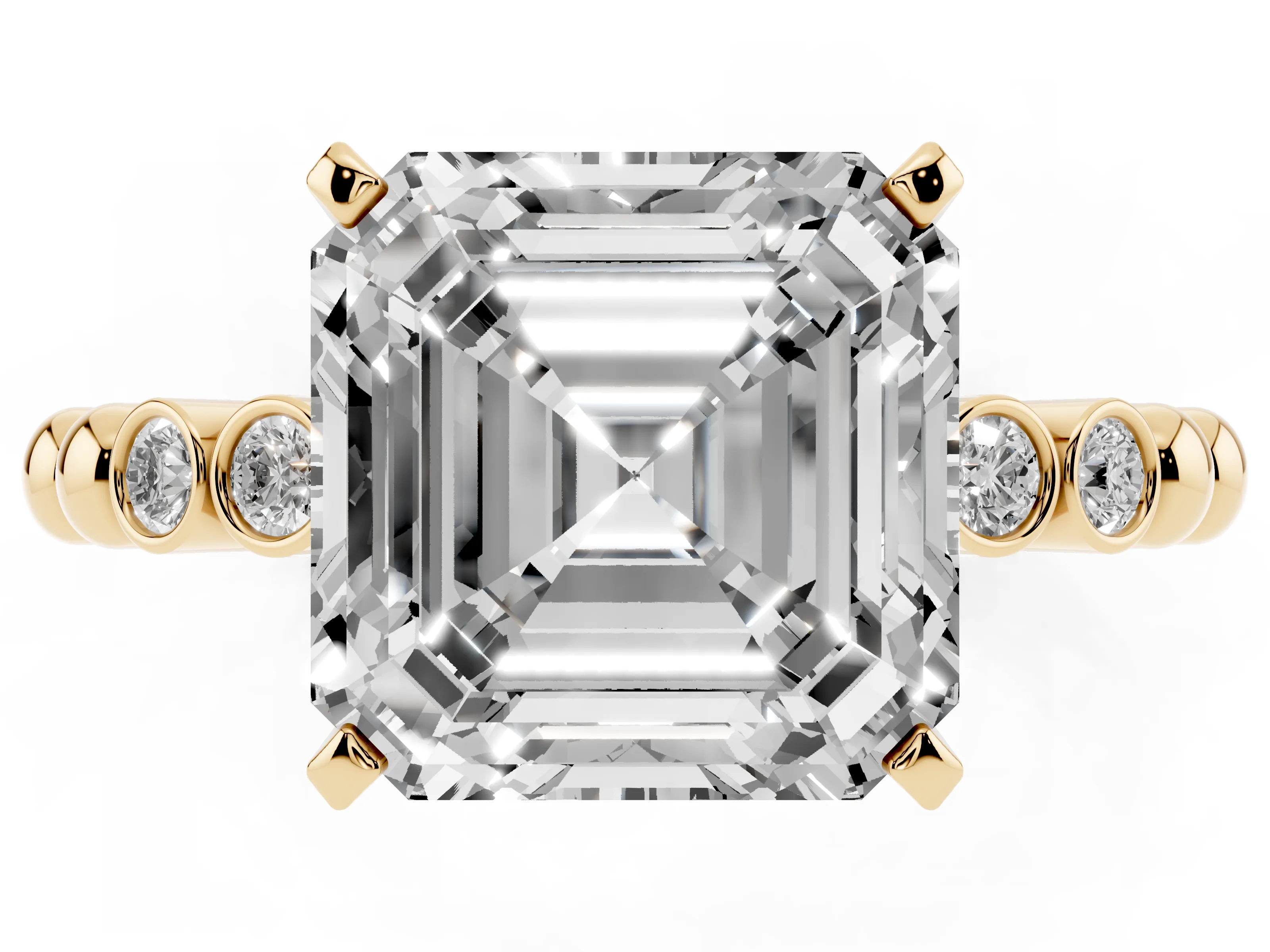 Asscher Cut Diamond Solitaire Engagement Ring Set in Yellow gold with Bezel Accents on Beaded Band