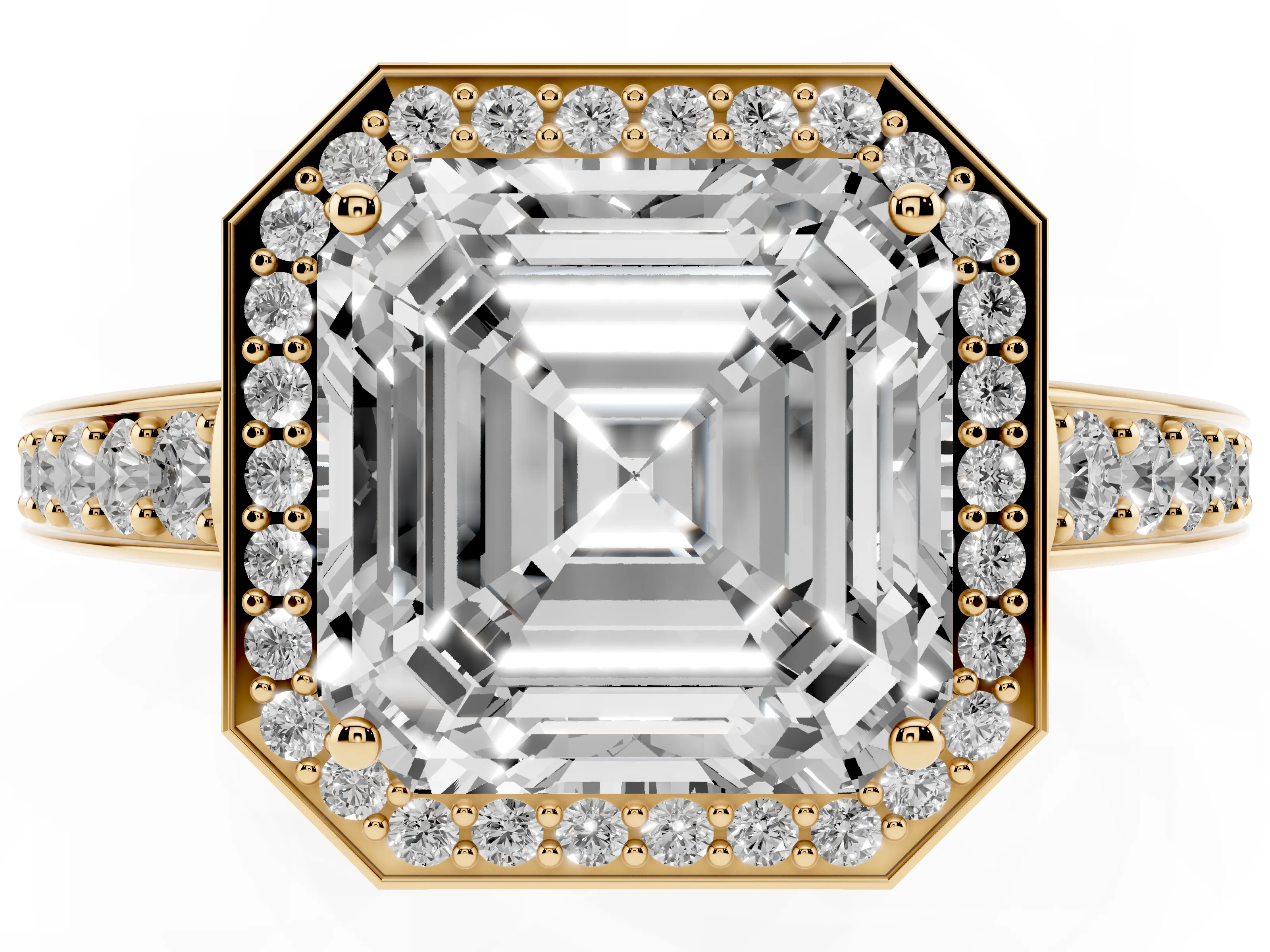 Asscher Cut Diamond Halo Pavé Engagement Ring Set in Yellow gold with Bezel Setting