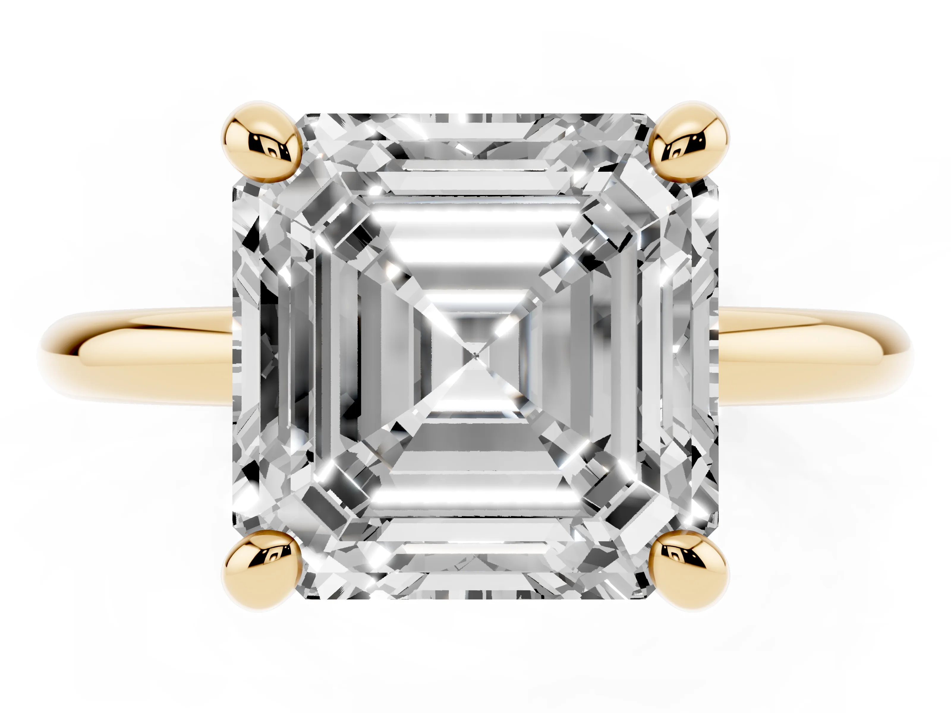 Asscher Cut Diamond Solitaire Ring Set in Yellow gold with Prong Setting on a Polished Plain Band