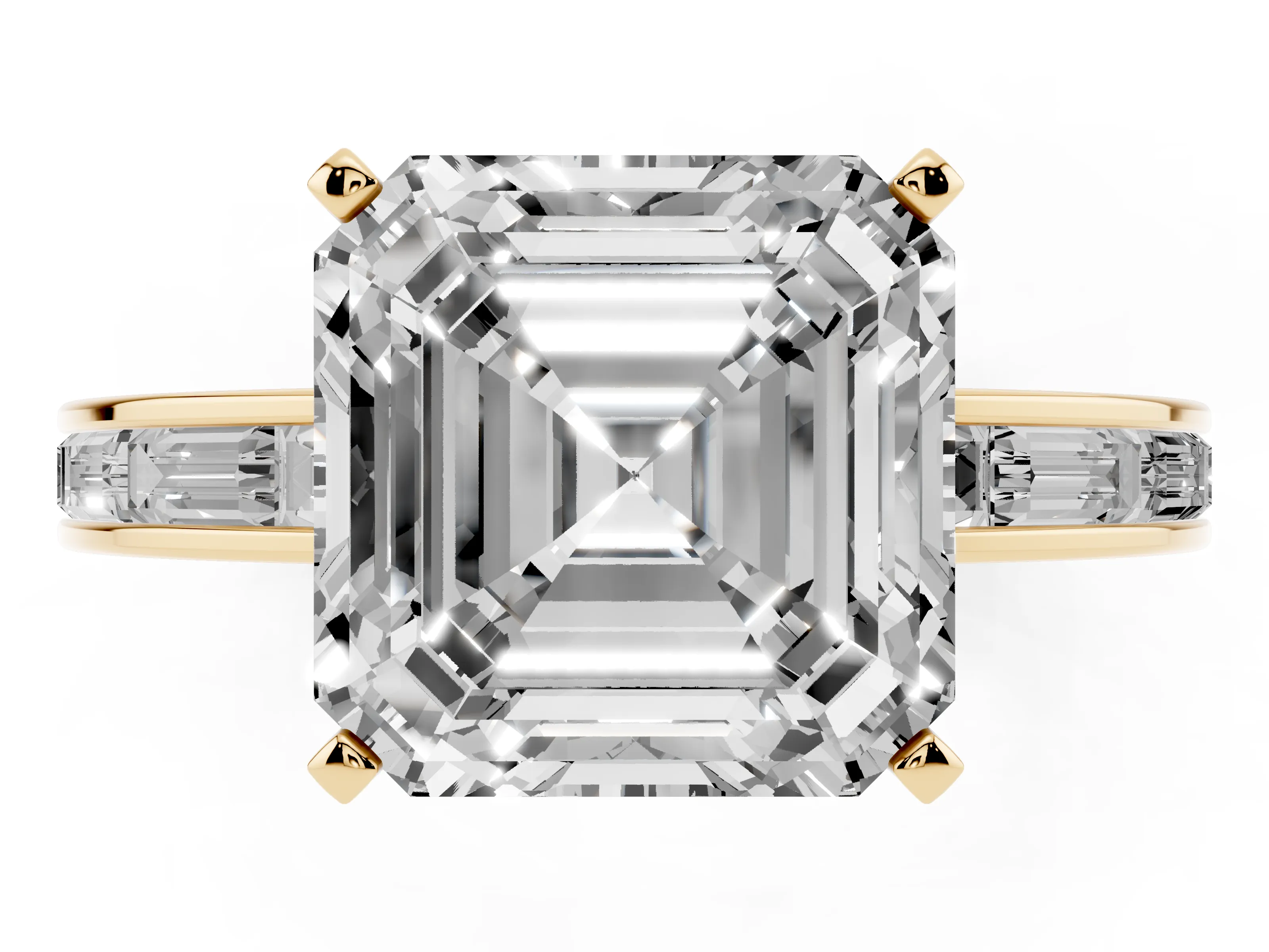 Asscher Cut Diamond Solitaire Ring Set in Yellow gold with Channel-Set Baguette Band and Prong Setting