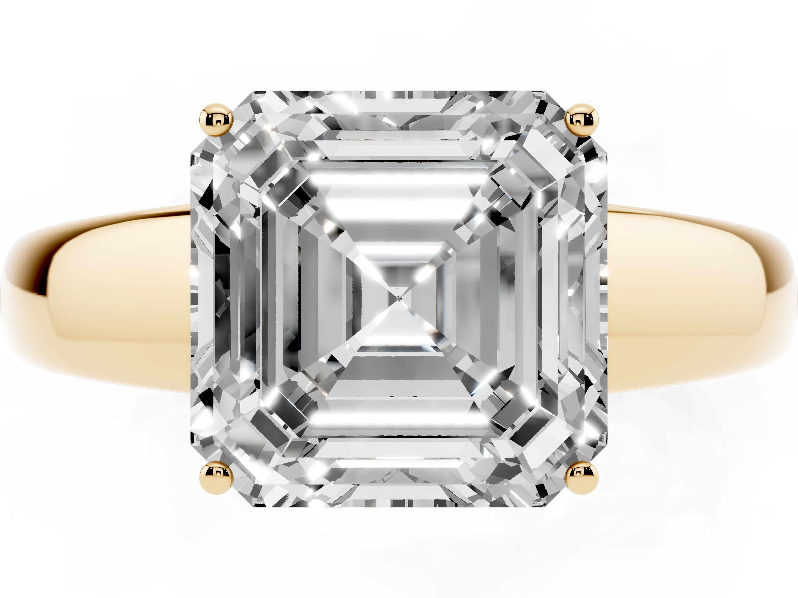 Asscher Cut Diamond Solitaire Ring Set in Yellow gold with Tapered Band and Prong Setting