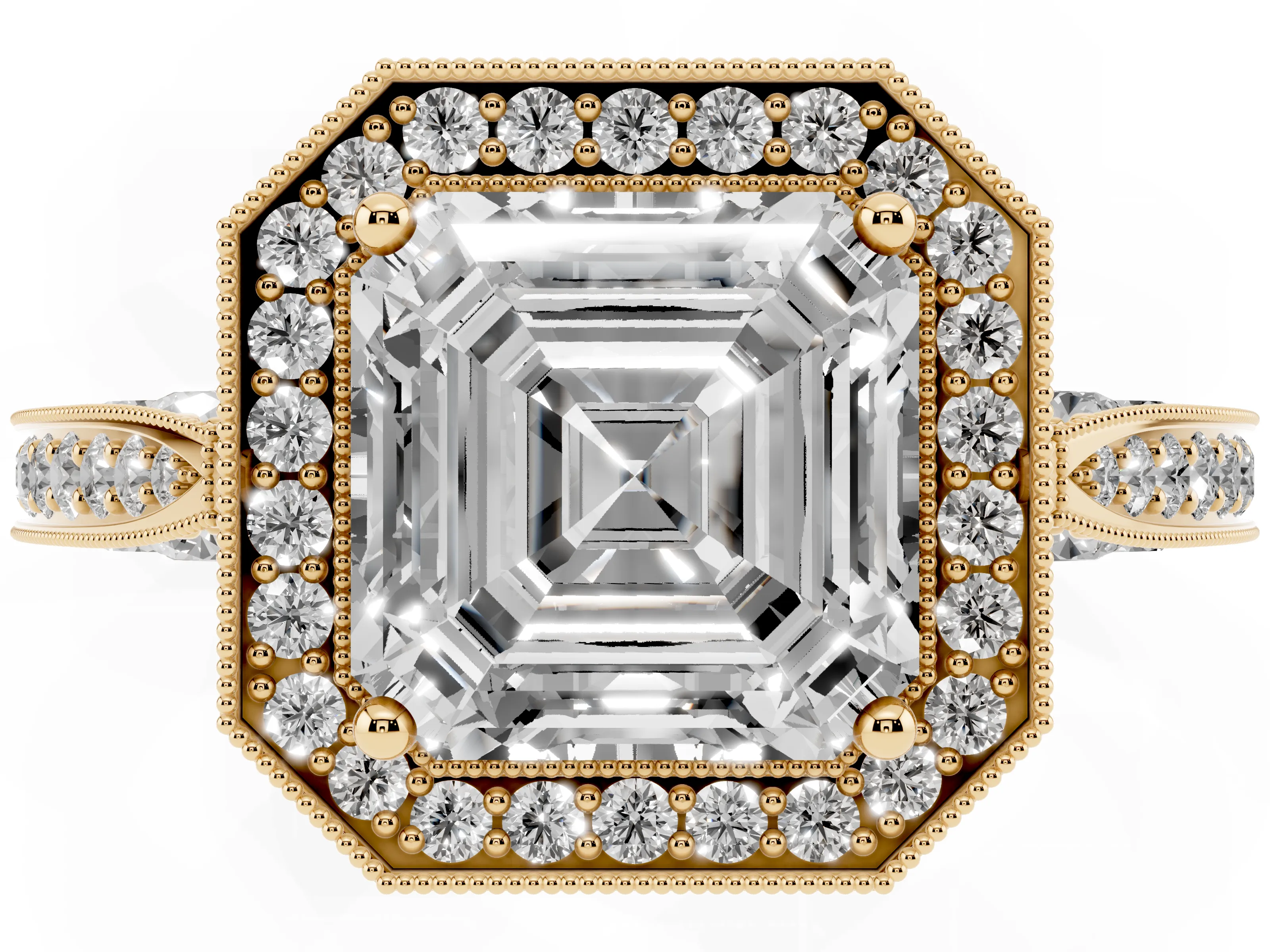 Asscher Cut Diamond Halo Engagement Ring Set in Yellow gold with Accent Split Shank Band
