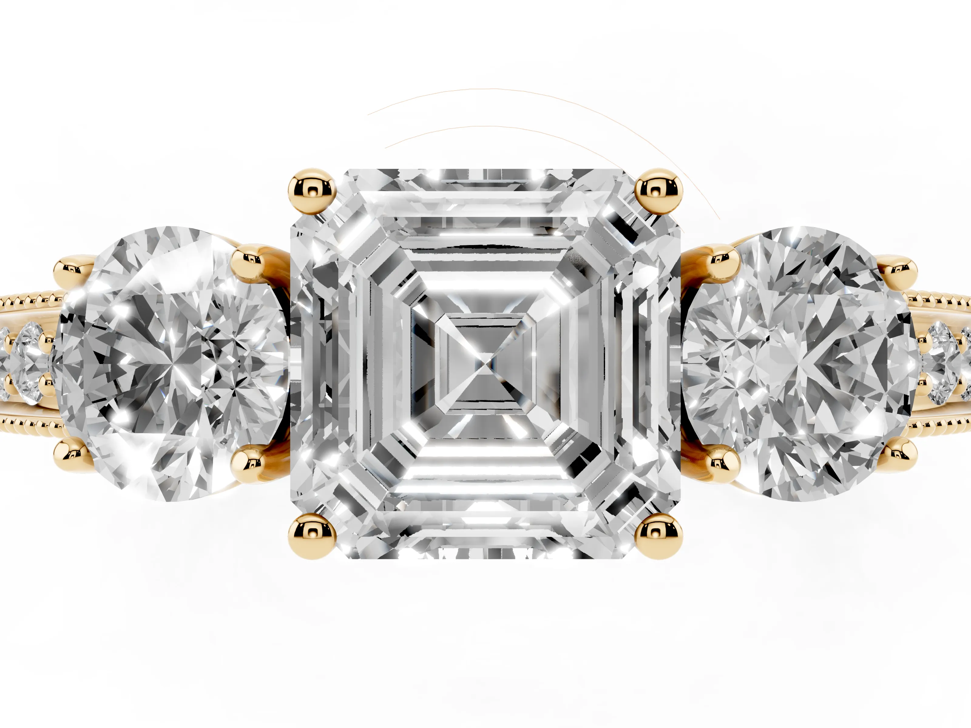 Asscher Cut Diamond Three-Stone Ring Set in Yellow gold with Round Side Stones and Pavé Band