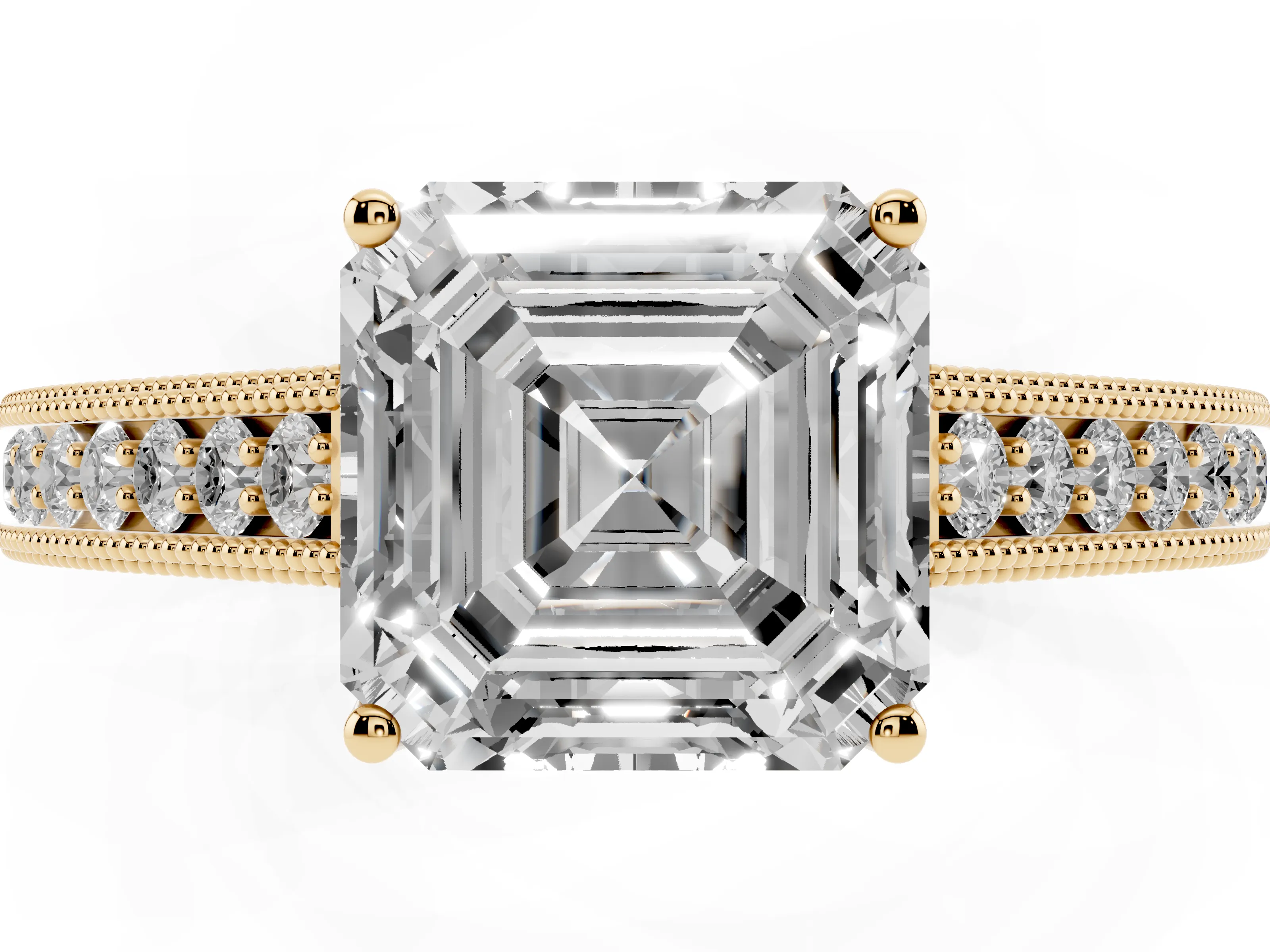 Asscher Cut Diamond Milgrain Pavé Band Solitaire Ring Set in Yellow gold with Prong Setting