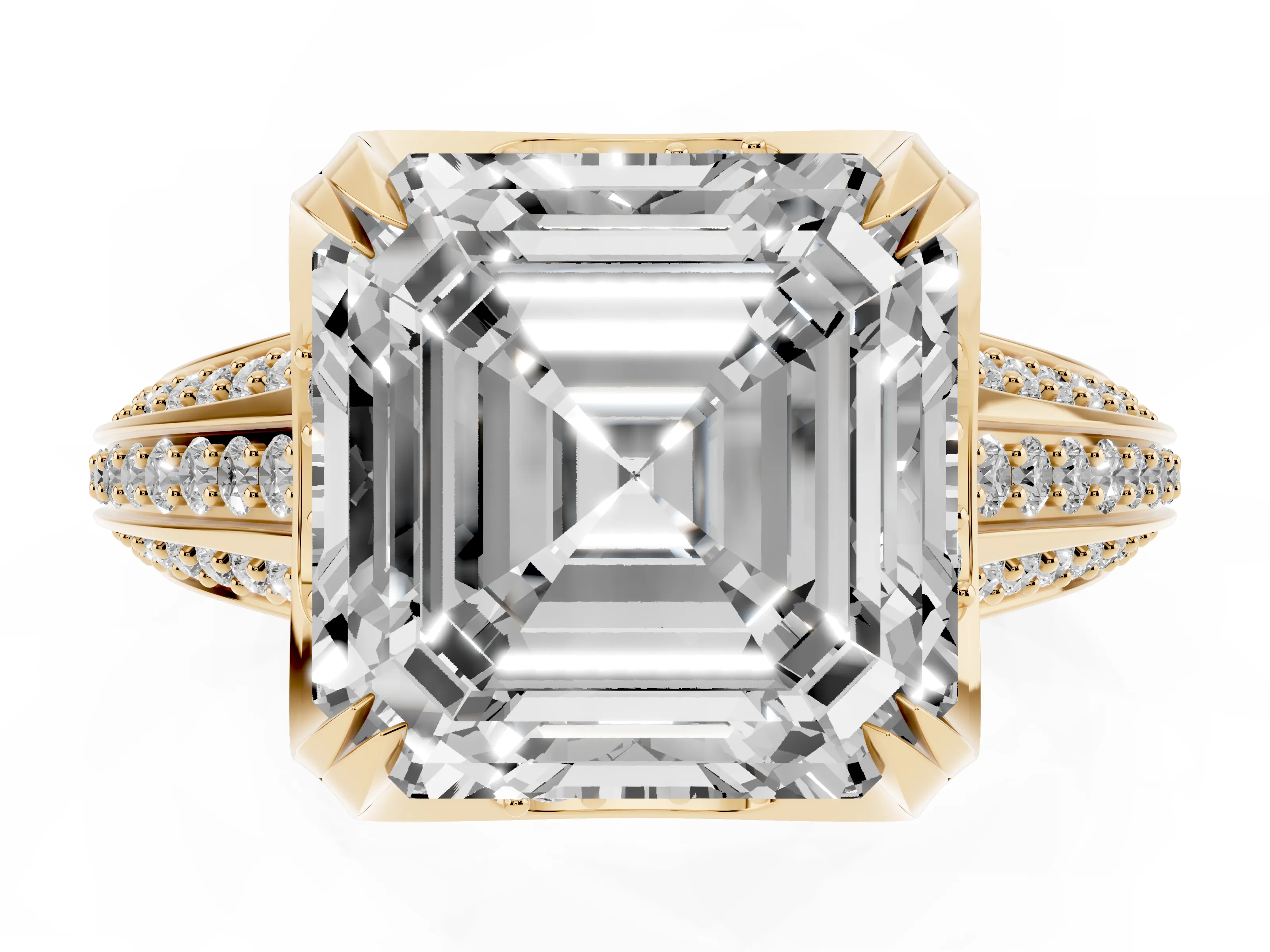Asscher Cut Diamond Pavé Split Shank Solitaire Ring Set in Yellow gold with Prong Setting