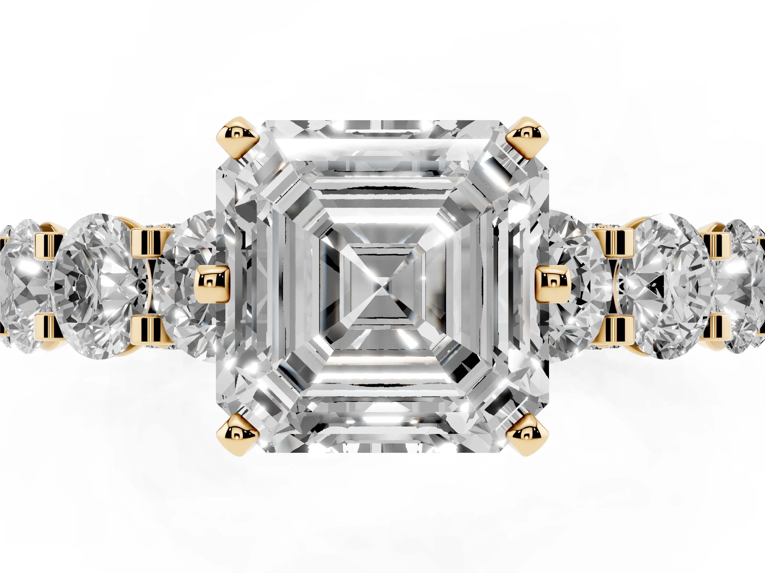 Asscher Cut Diamond Side Stone Ring Set in Yellow gold with Alternating Round and Oval Side Stones