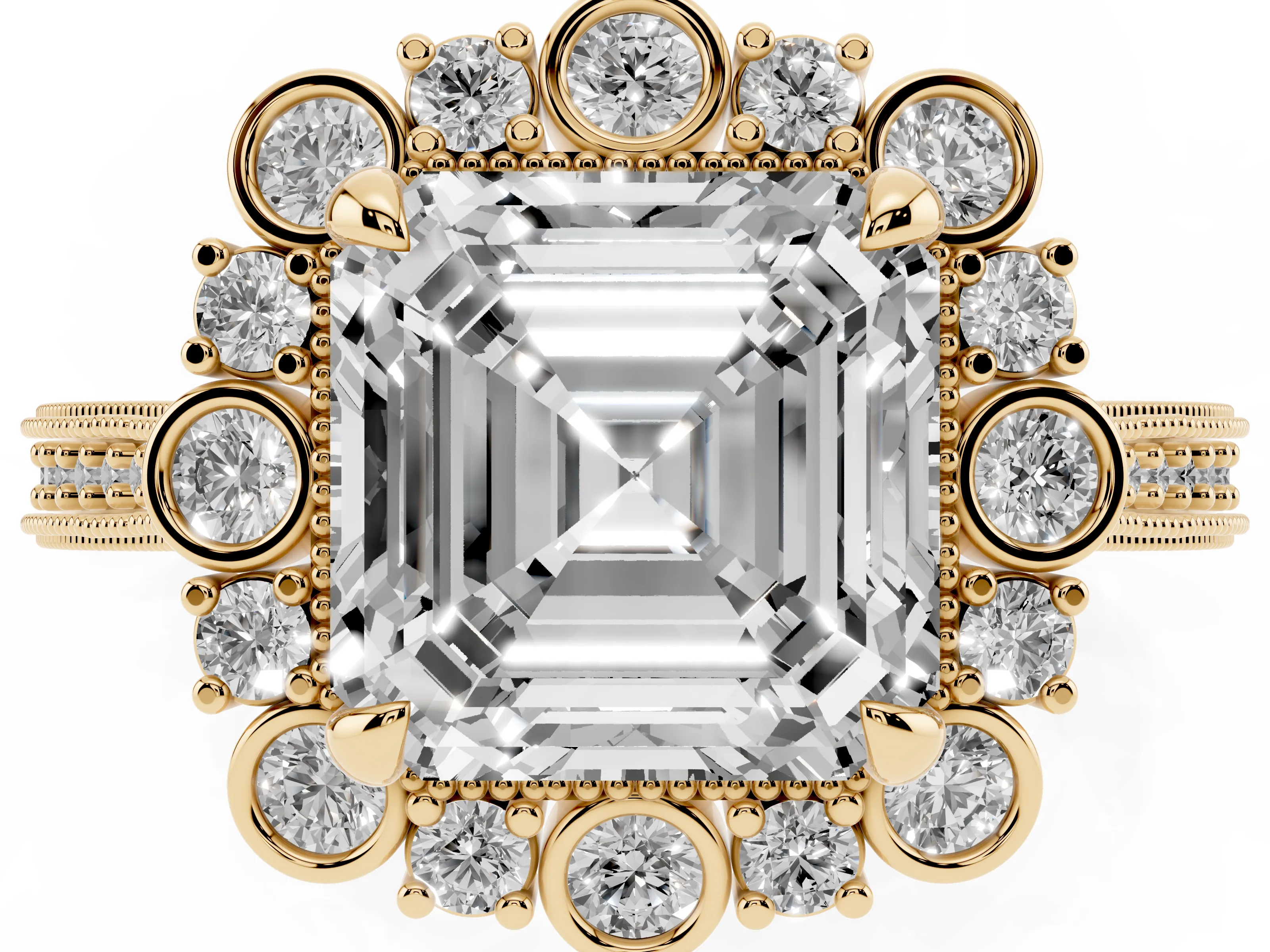 Asscher Cut Diamond Halo Milgrain Pavé Ring Set in Yellow gold with Prong Setting