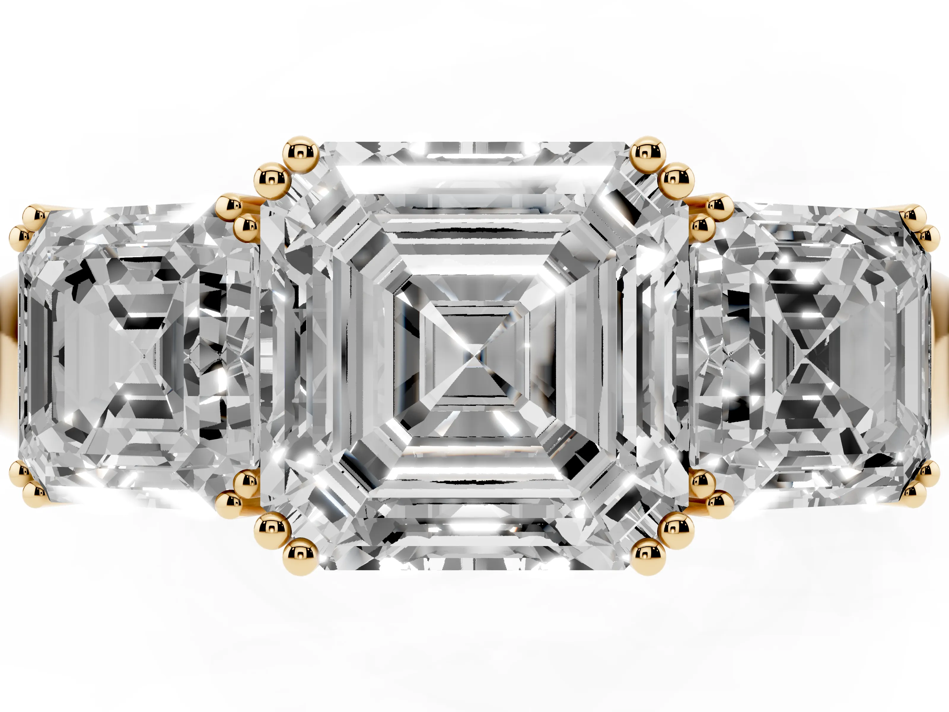 Asscher Cut Diamond Three-Stone Ring Set in Yellow gold with Polished Band and Prong Setting