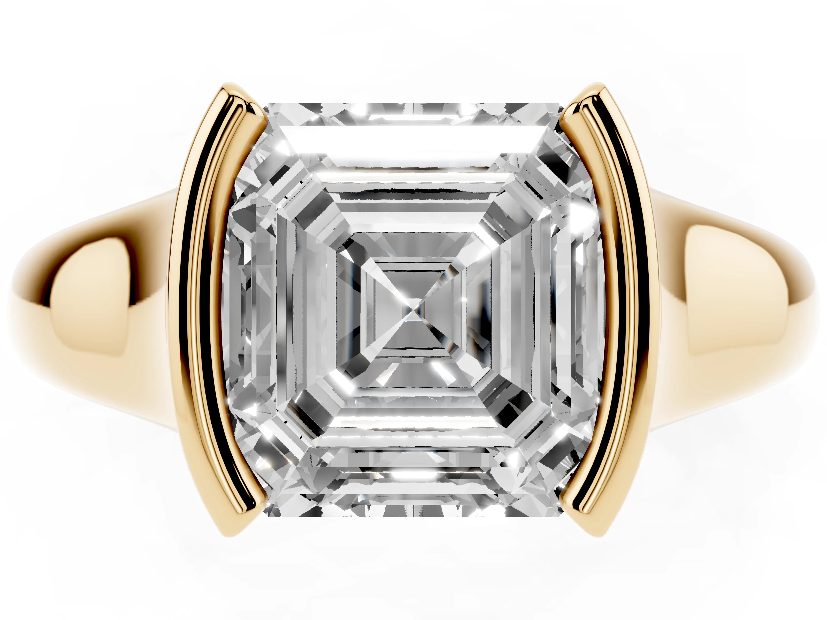 Asscher Cut Diamond Solitaire Tension Set Ring Set in Yellow gold with Split Shank Band