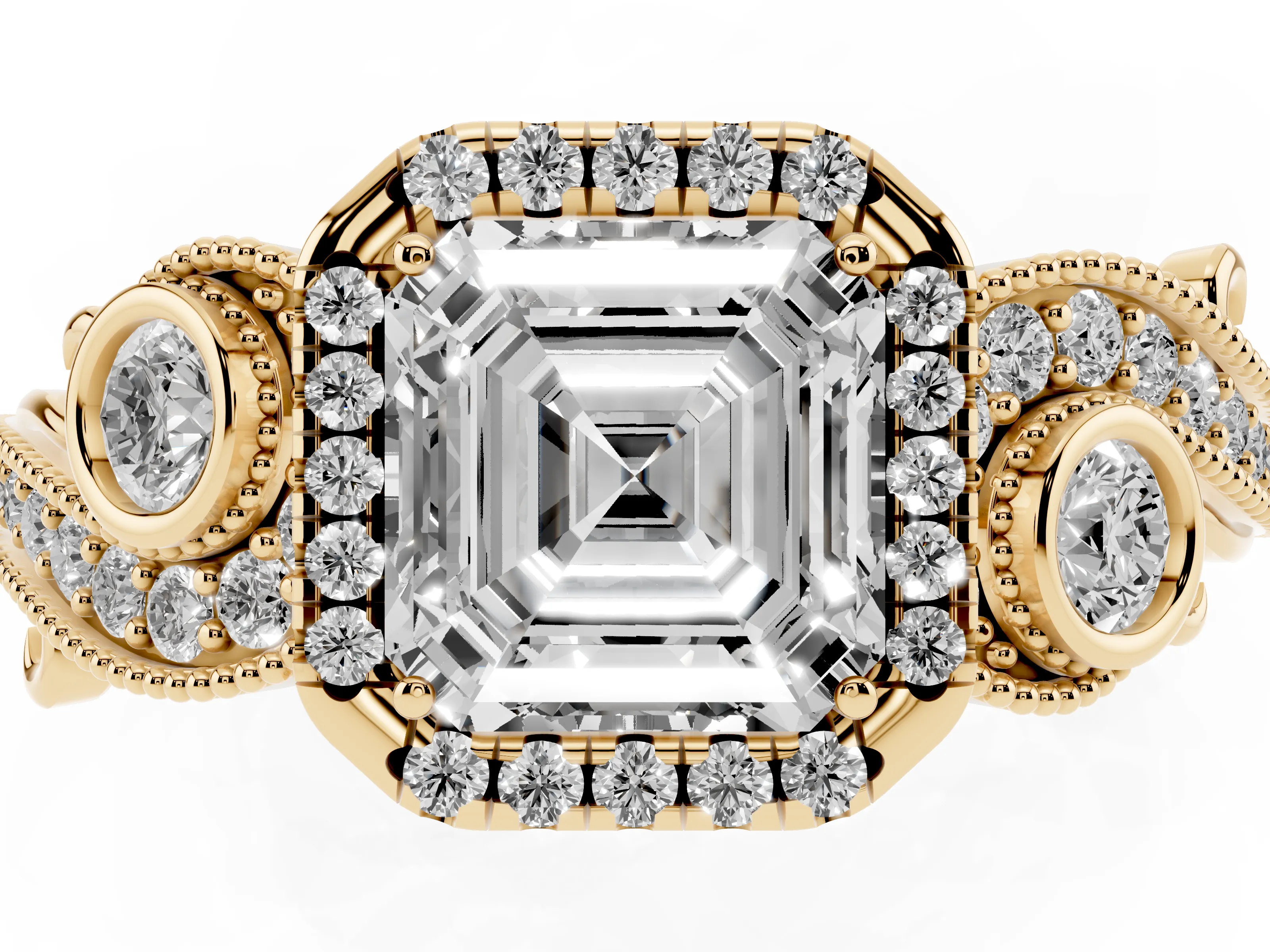 Asscher Cut Diamond Halo Ring Set in Yellow gold with Milgrain Pavé Band and Prong Setting
