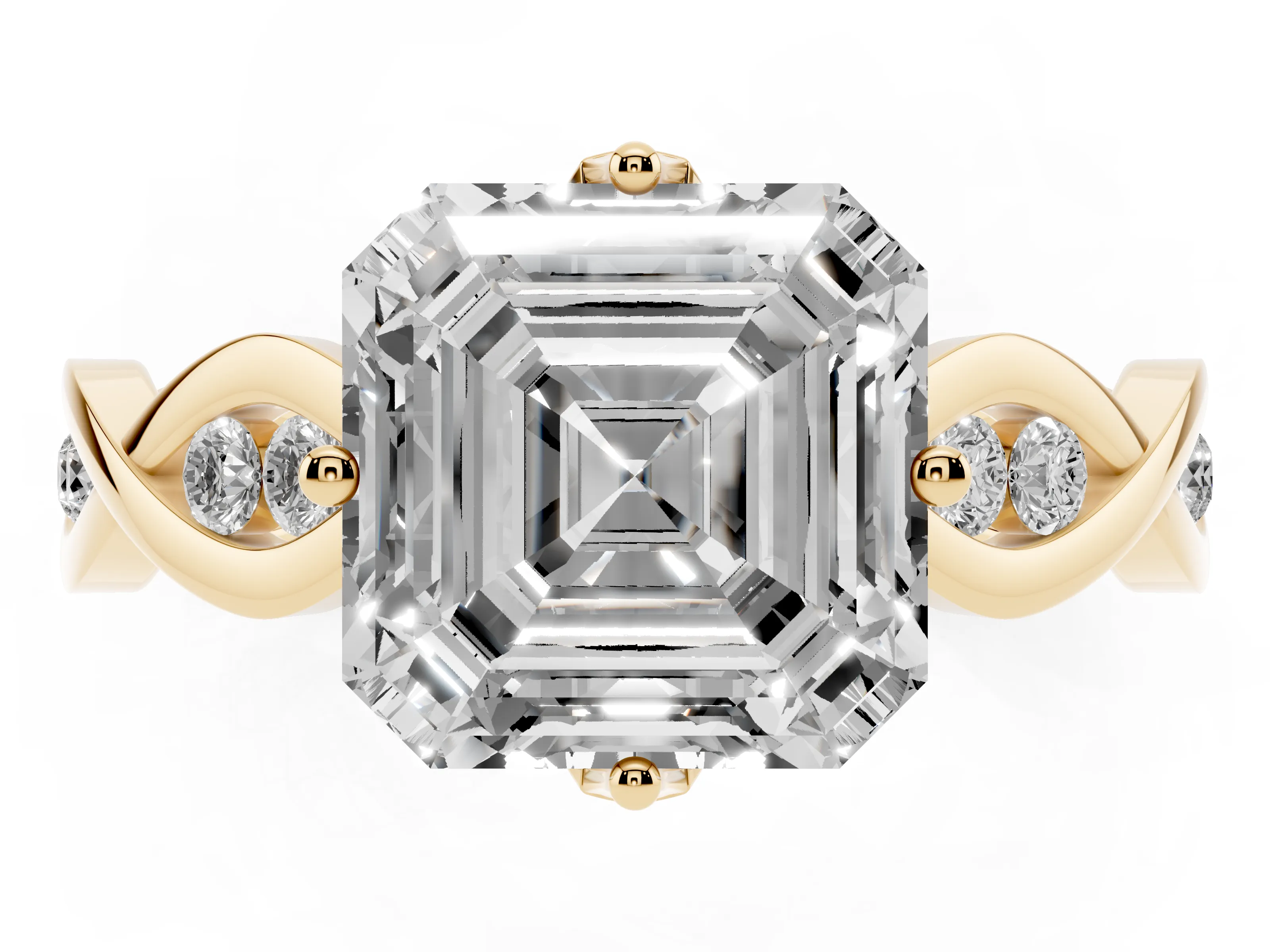 Asscher Cut Diamond Twist Band Solitaire Ring Set in Yellow gold with Leaf Prong Setting and Accent Stones