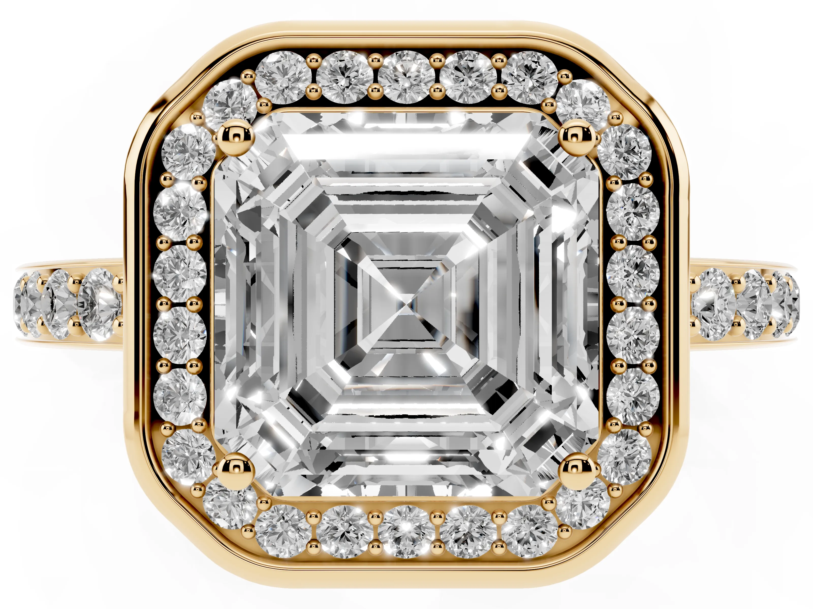 Asscher Cut Diamond Halo Ring Set in Yellow gold with Bezel Frame and Pavé Band