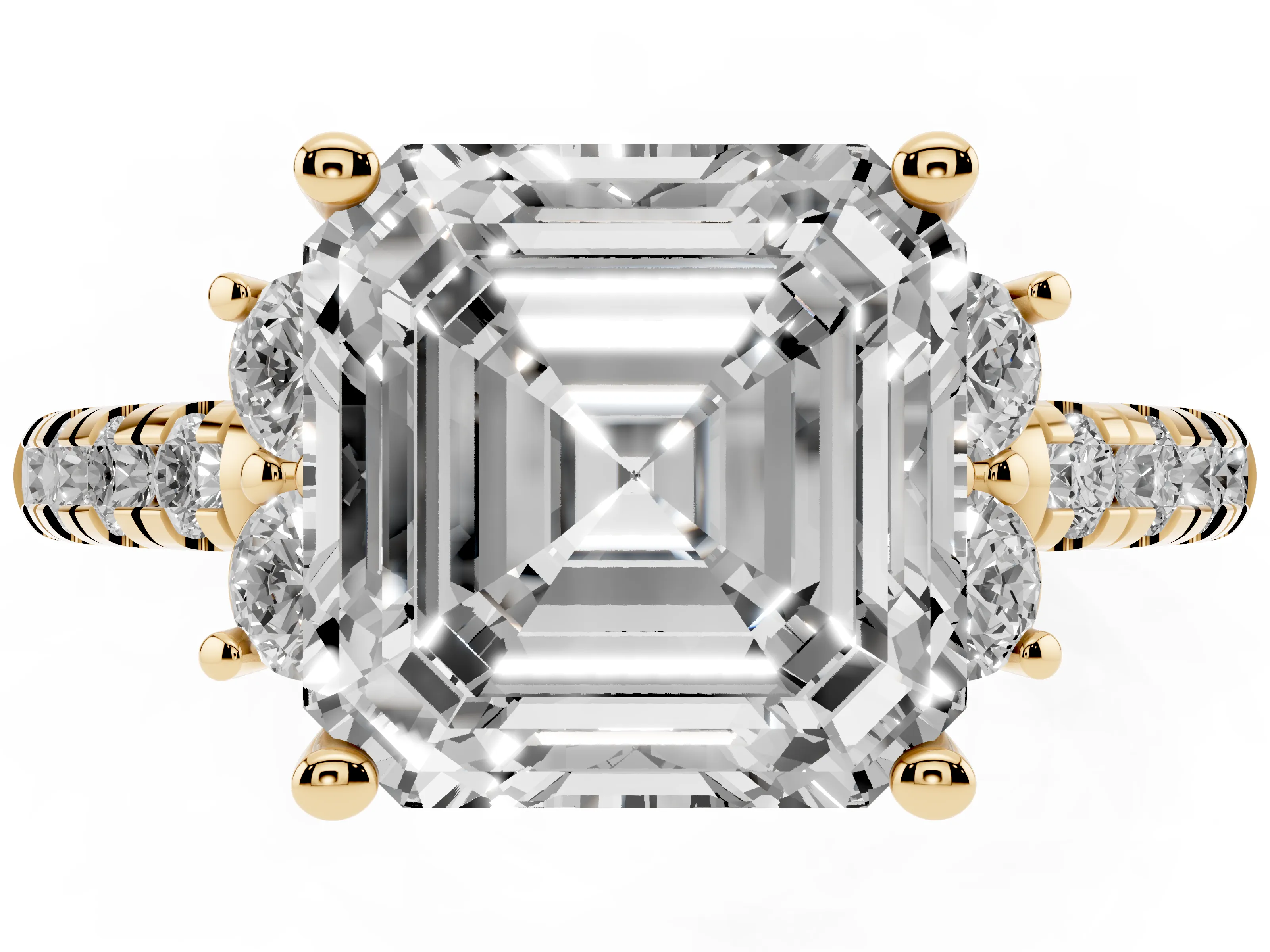 Asscher Cut Diamond Three-Stone Pavé Ring Set in Yellow gold with Prong Setting
