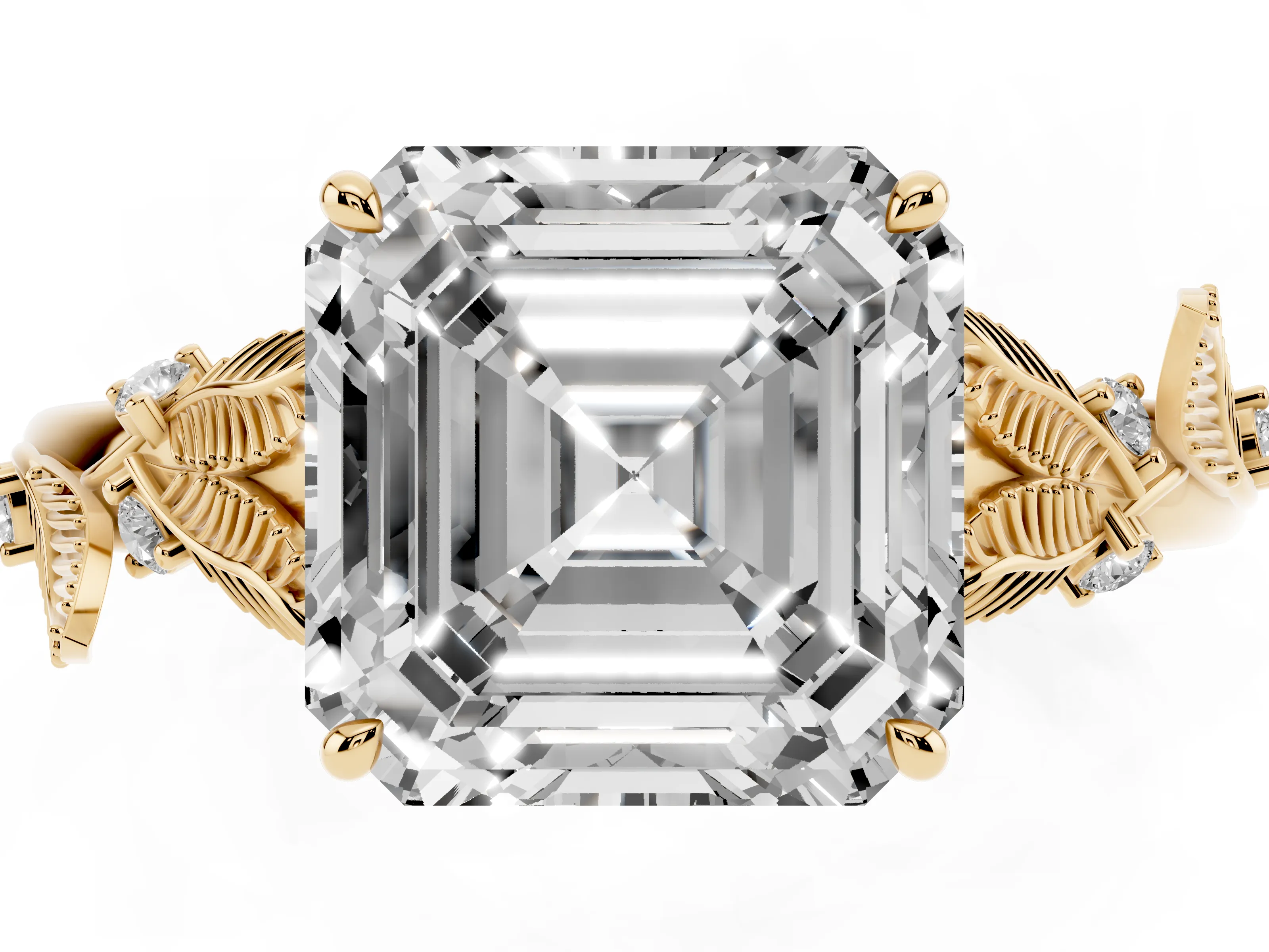 Asscher Cut Diamond Solitaire Ring Set in Yellow gold with Leaf Motif Band