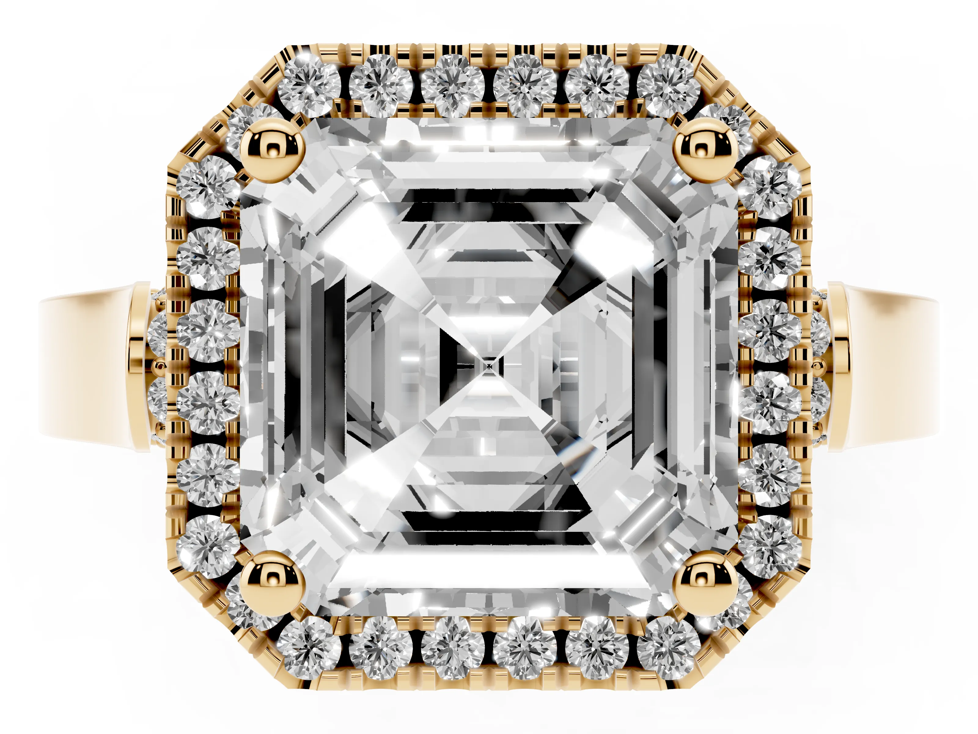 Asscher Cut Diamond Halo Ring Set in Yellow gold with Pavé-Lined Split Shank Band