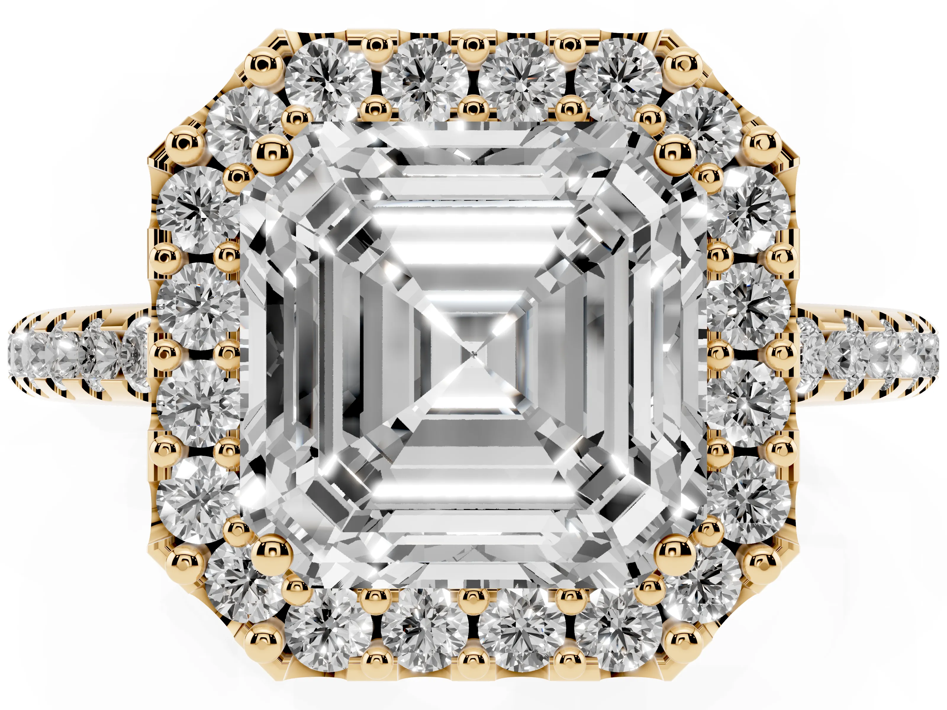 Asscher Cut Diamond Pavé Halo Ring Set in Yellow gold with Prong Setting