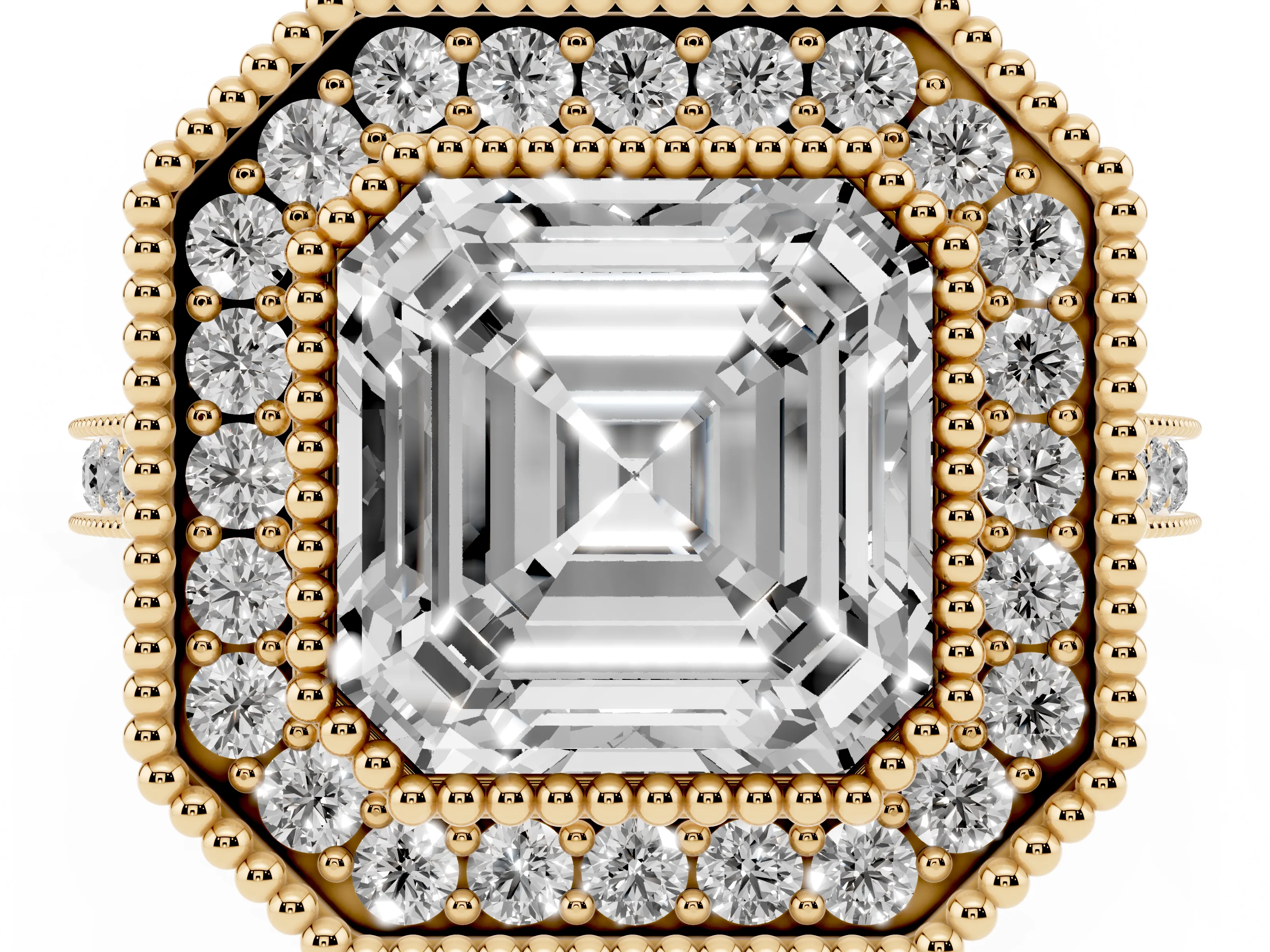 Asscher Cut Diamond Halo Ring Set in Yellow gold with Milgrain Frame and Pavé Band