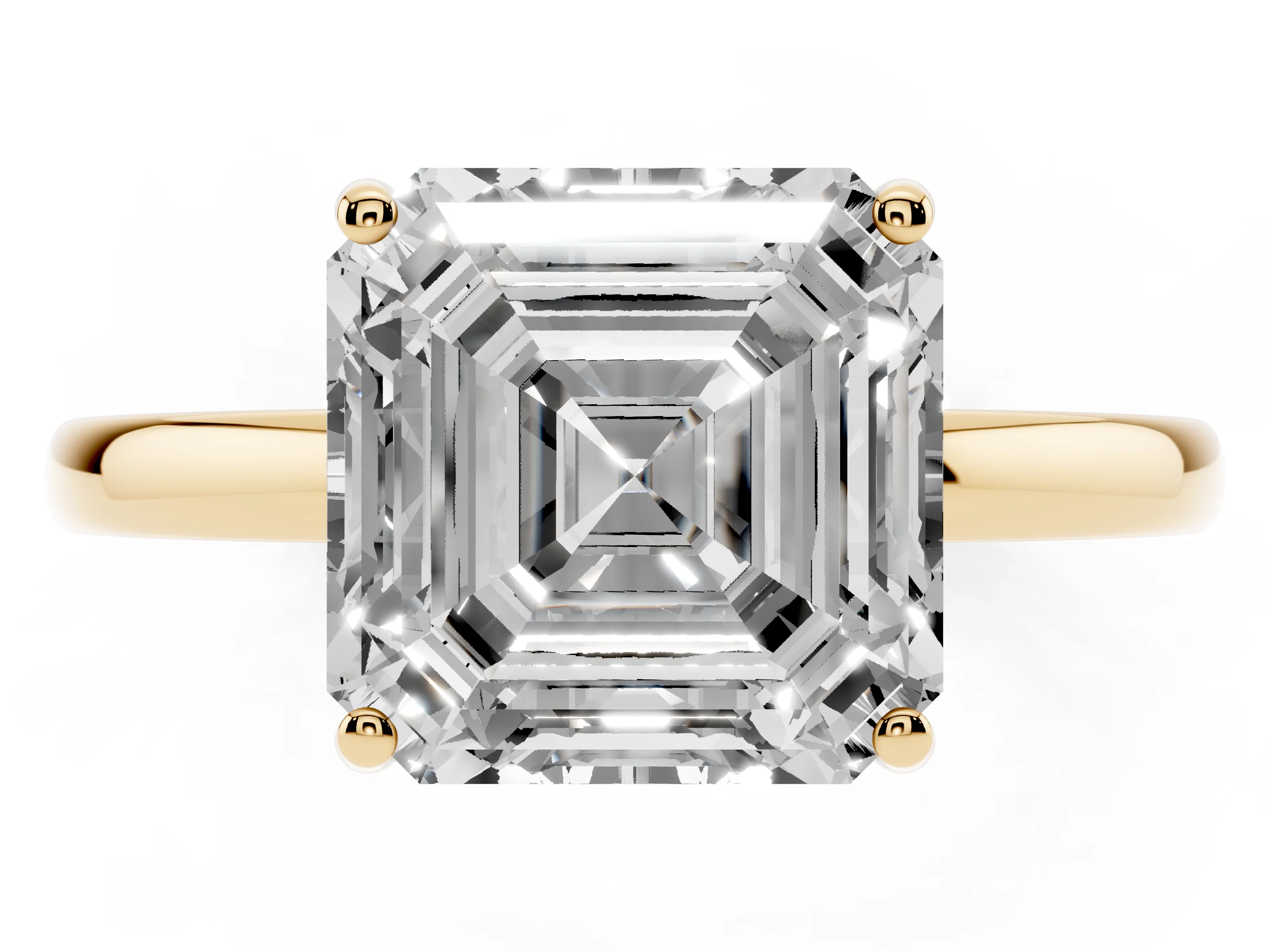 Asscher Cut Diamond Solitaire Ring Set in Yellow gold with Plain Band and Prong Setting