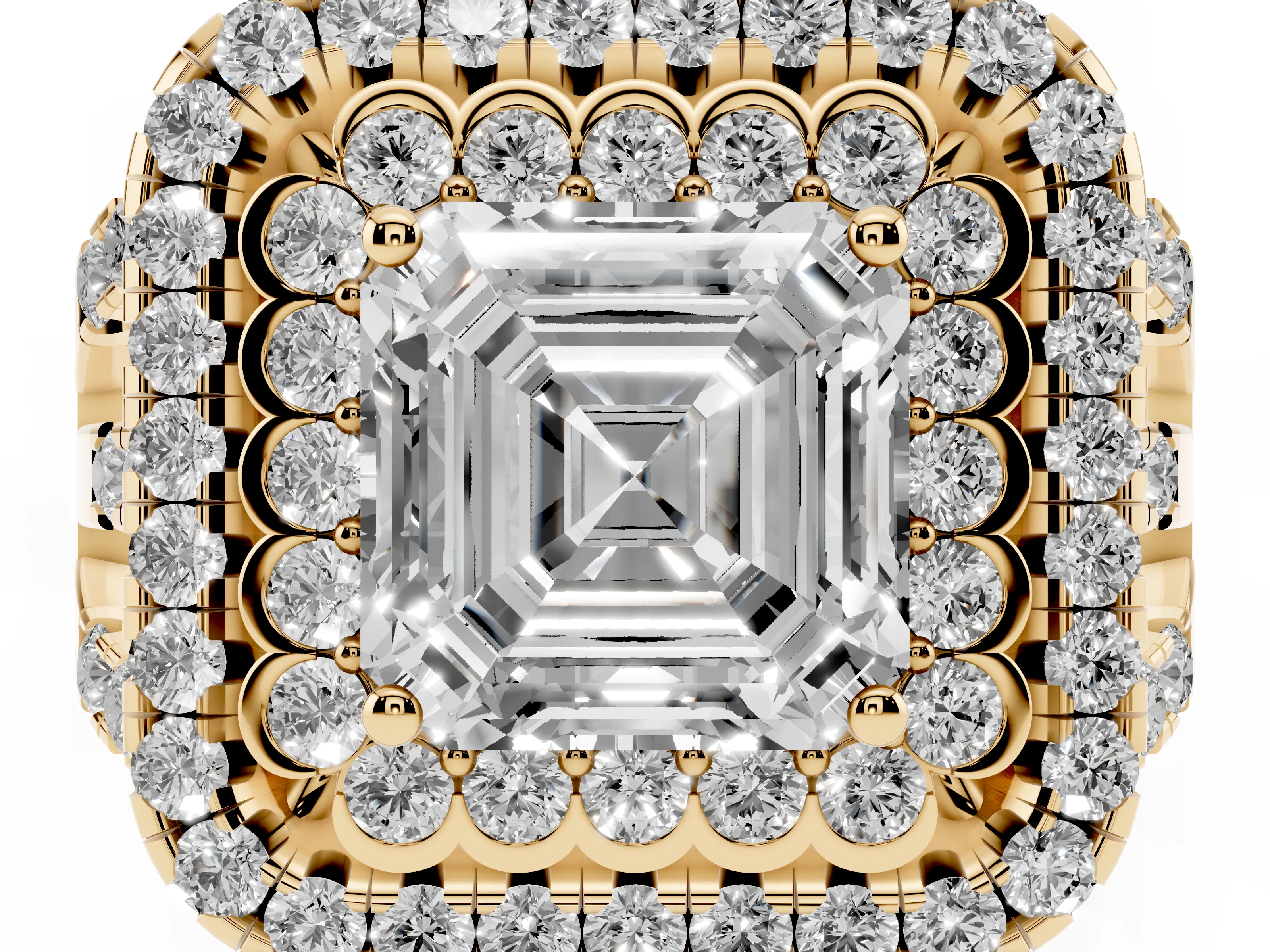 Asscher Cut Diamond Double Halo Ring Set in Yellow gold with Round Pavé Split Shank