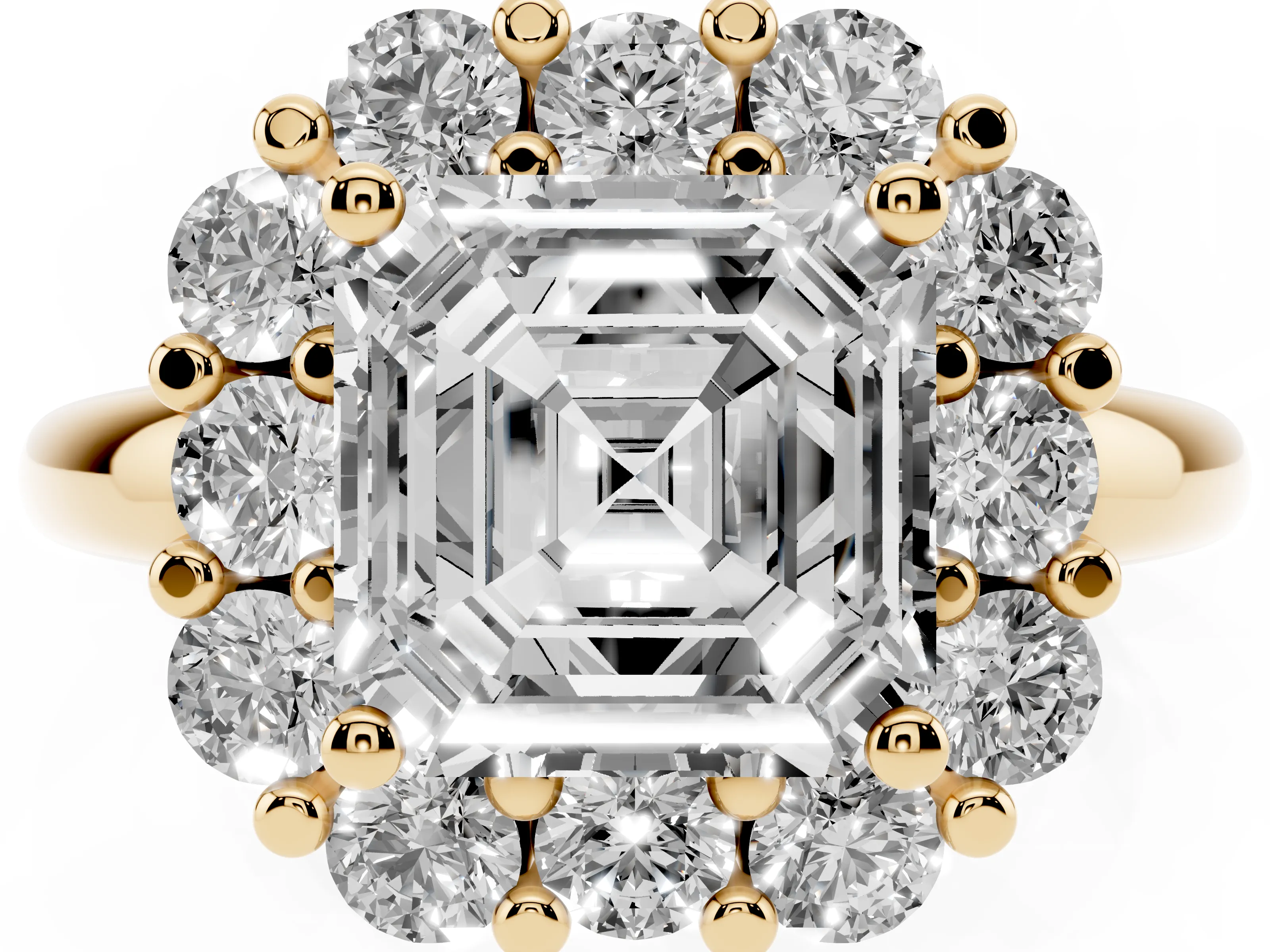 Asscher Cut Diamond Halo Cluster Engagement Ring Set in Yellow gold with Polished Band and Prong Setting