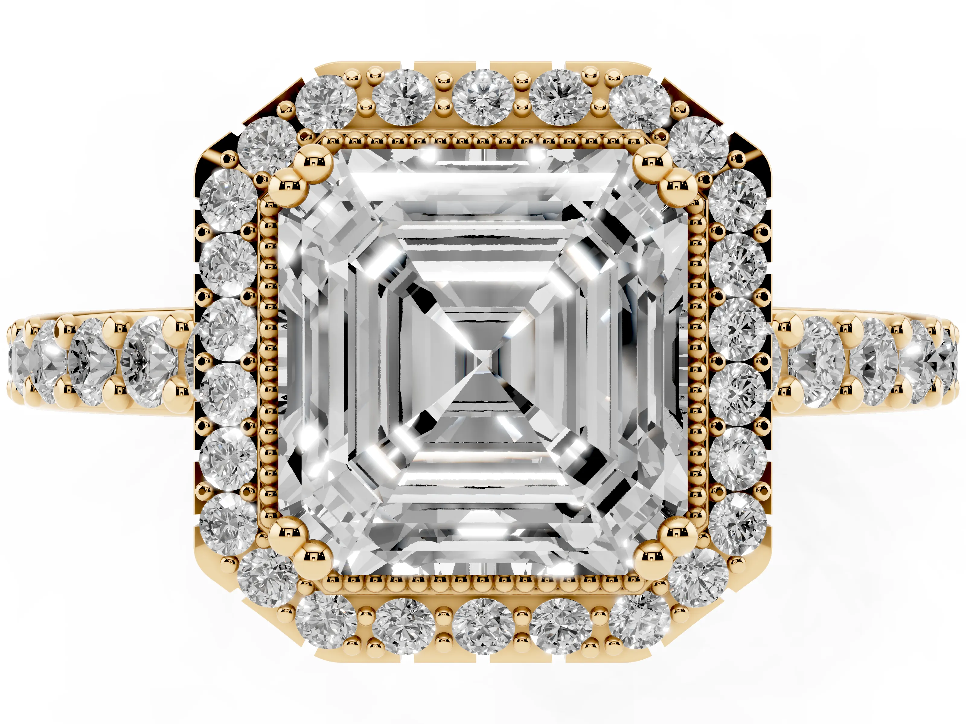 Asscher Cut Diamond Halo Engagement Ring Set in Yellow gold with Milgrain Detail and Pavé Band