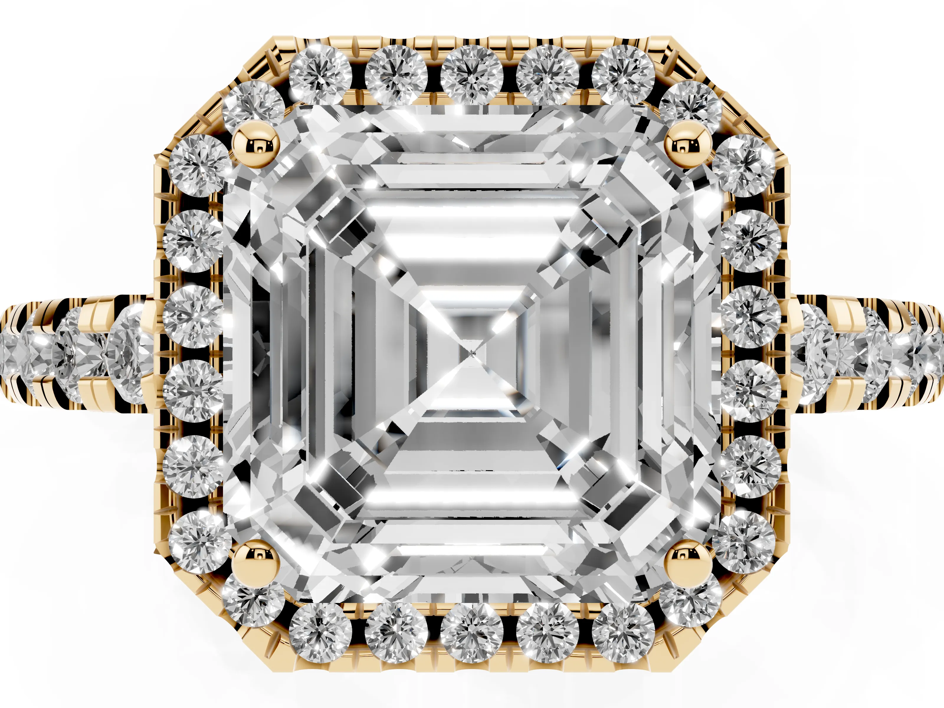 Asscher Cut Diamond Halo Ring Set in Yellow gold with Delicate Pavé Band and Prong Setting