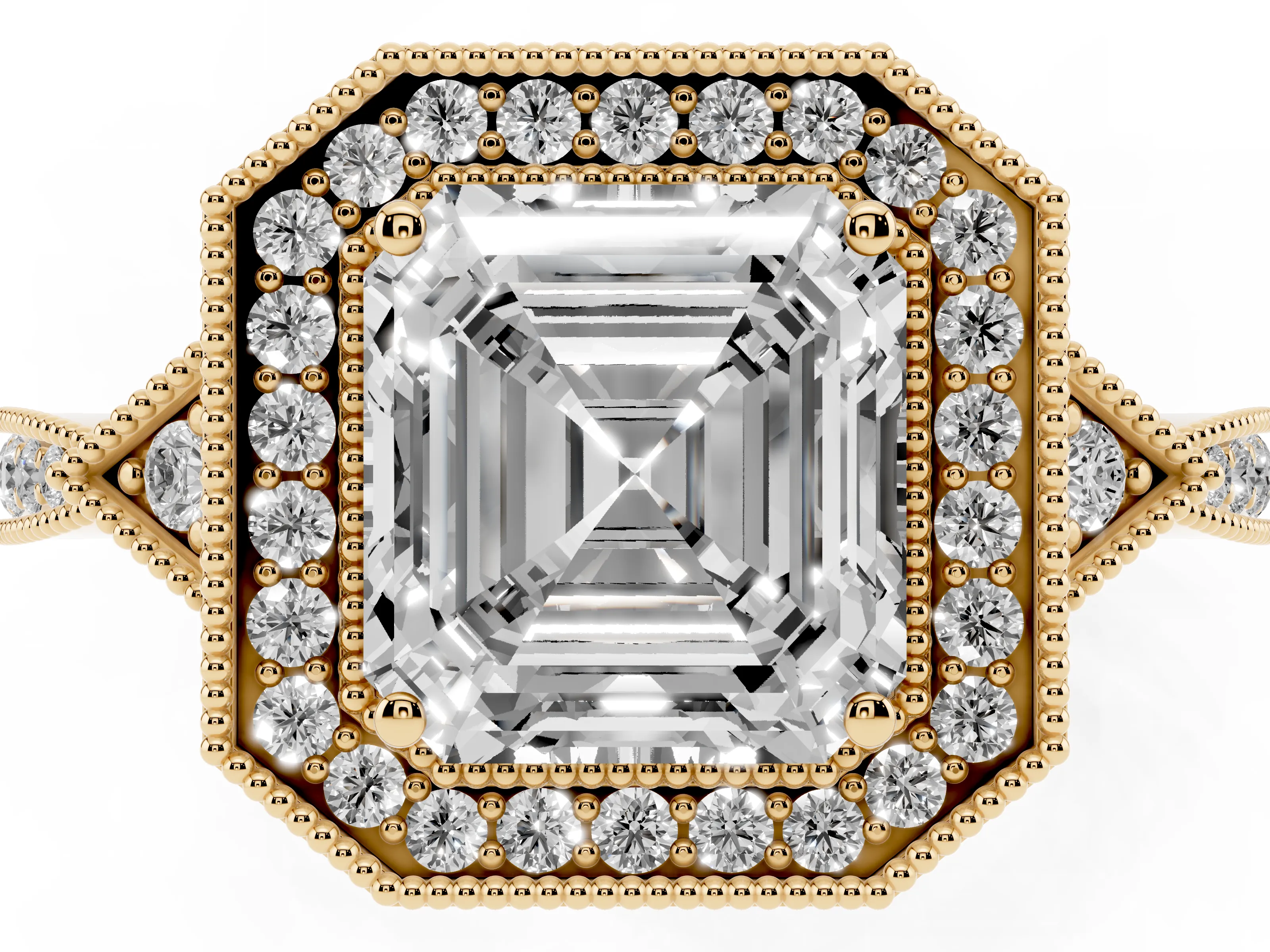 Asscher Cut Diamond Halo Engagement Ring Set in Yellow gold with Milgrain Pavé Band