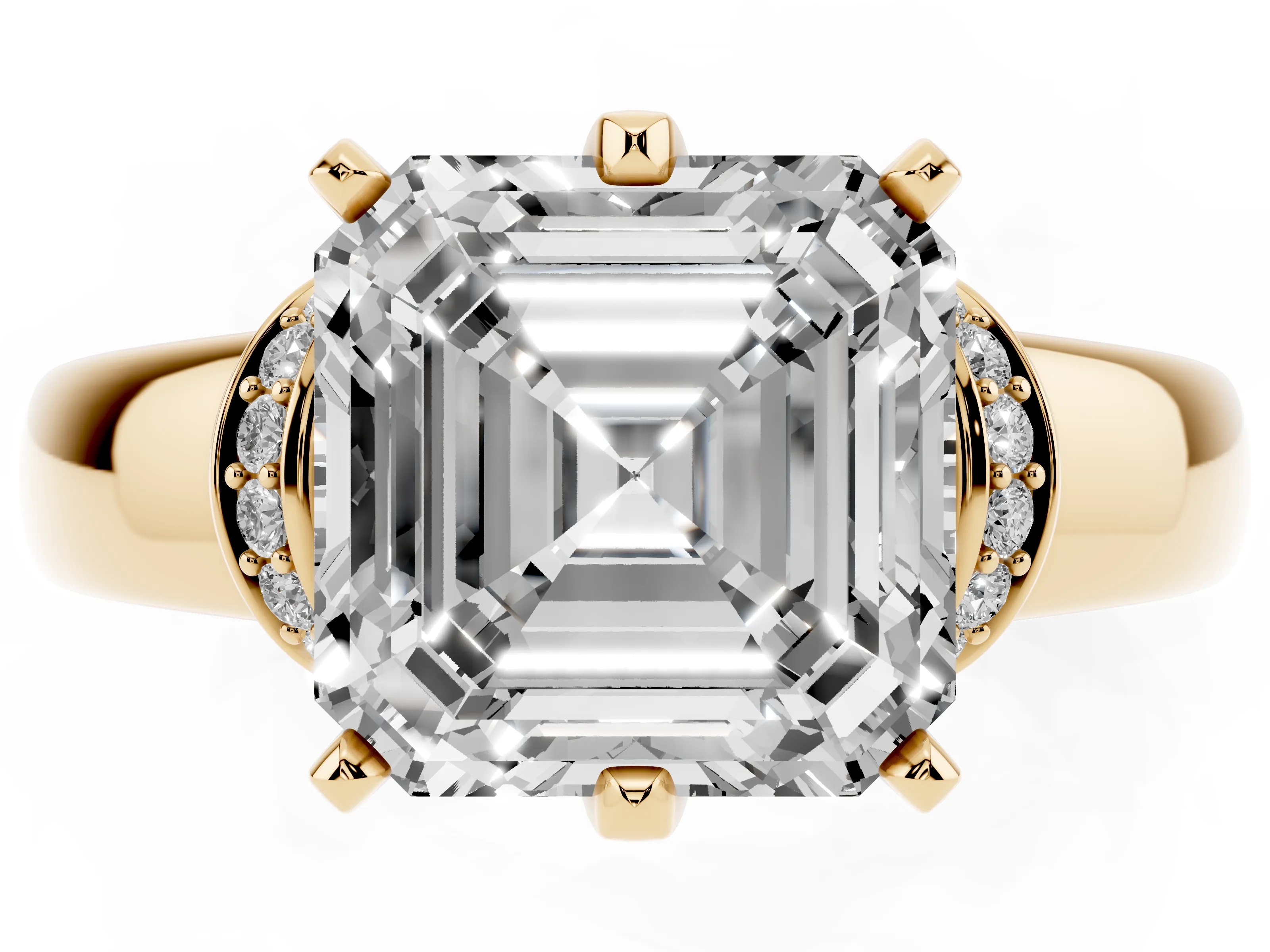 Asscher Cut Diamond Pavé Band Solitaire Ring Set in Yellow gold with Prong Setting