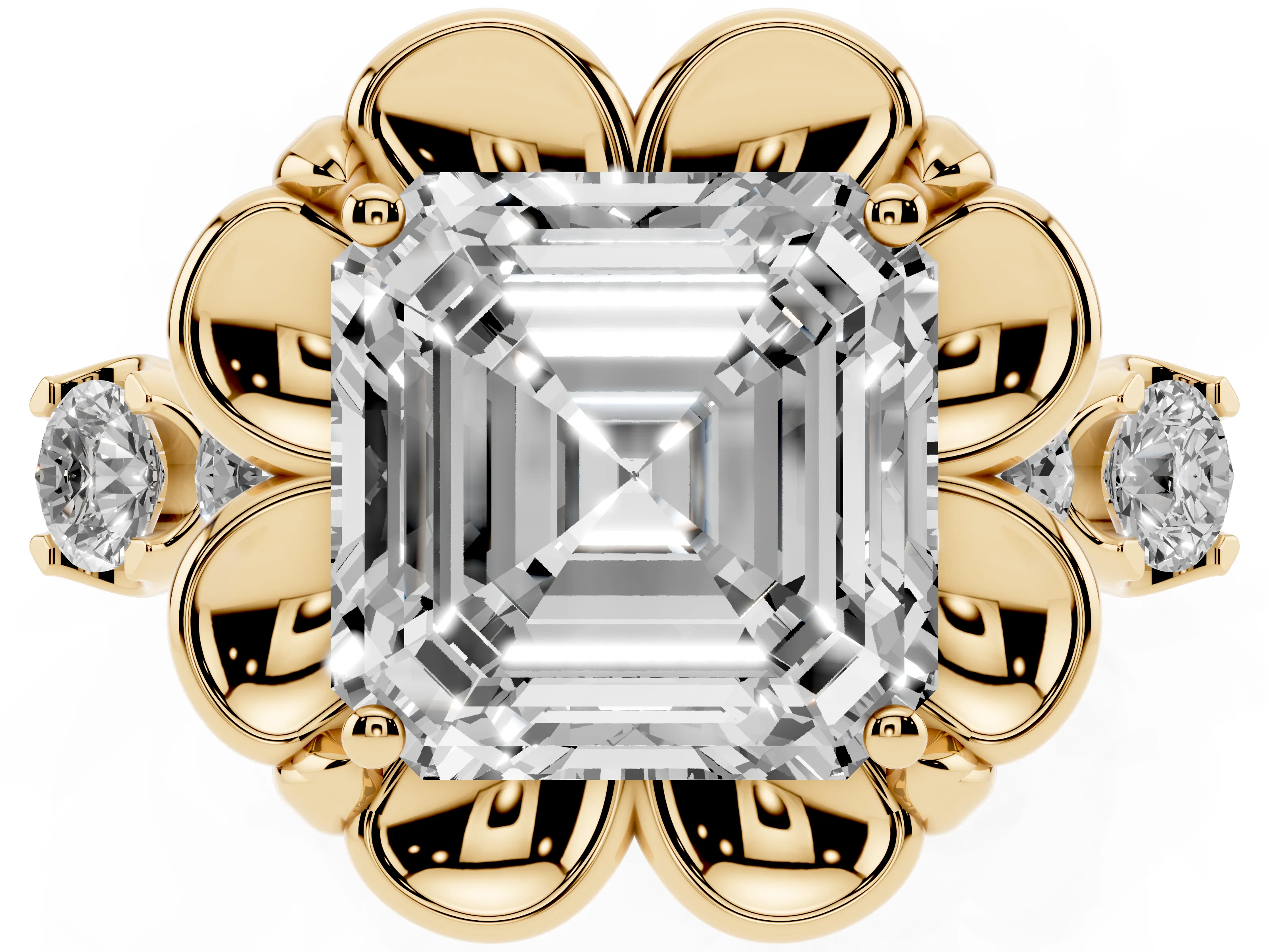 Asscher Cut Diamond Floral Halo Ring Set in Yellow gold with Shared Prong Band