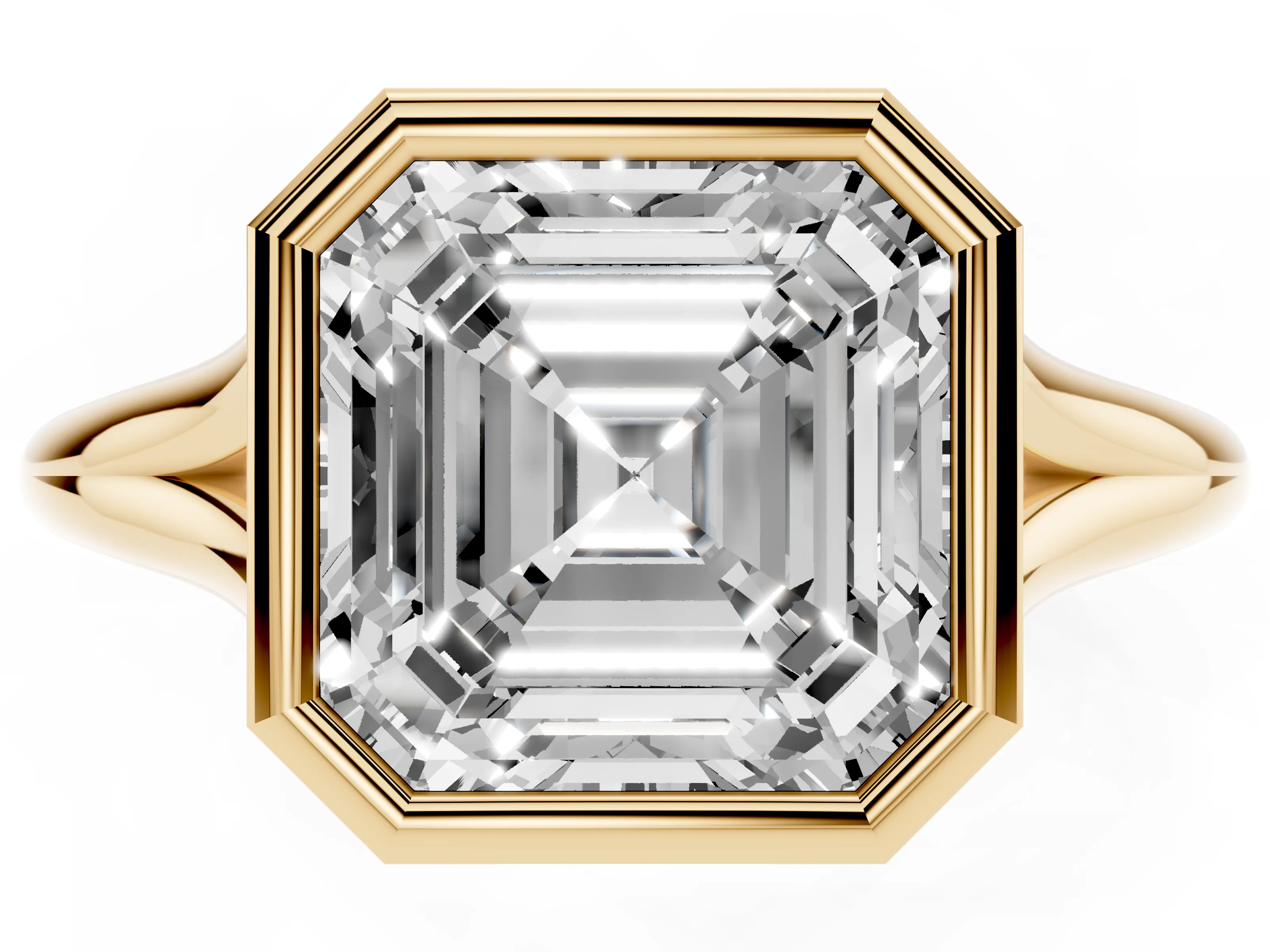 Bezel Set Asscher Cut Diamond Solitaire Ring Set in Yellow gold with Tapered Band