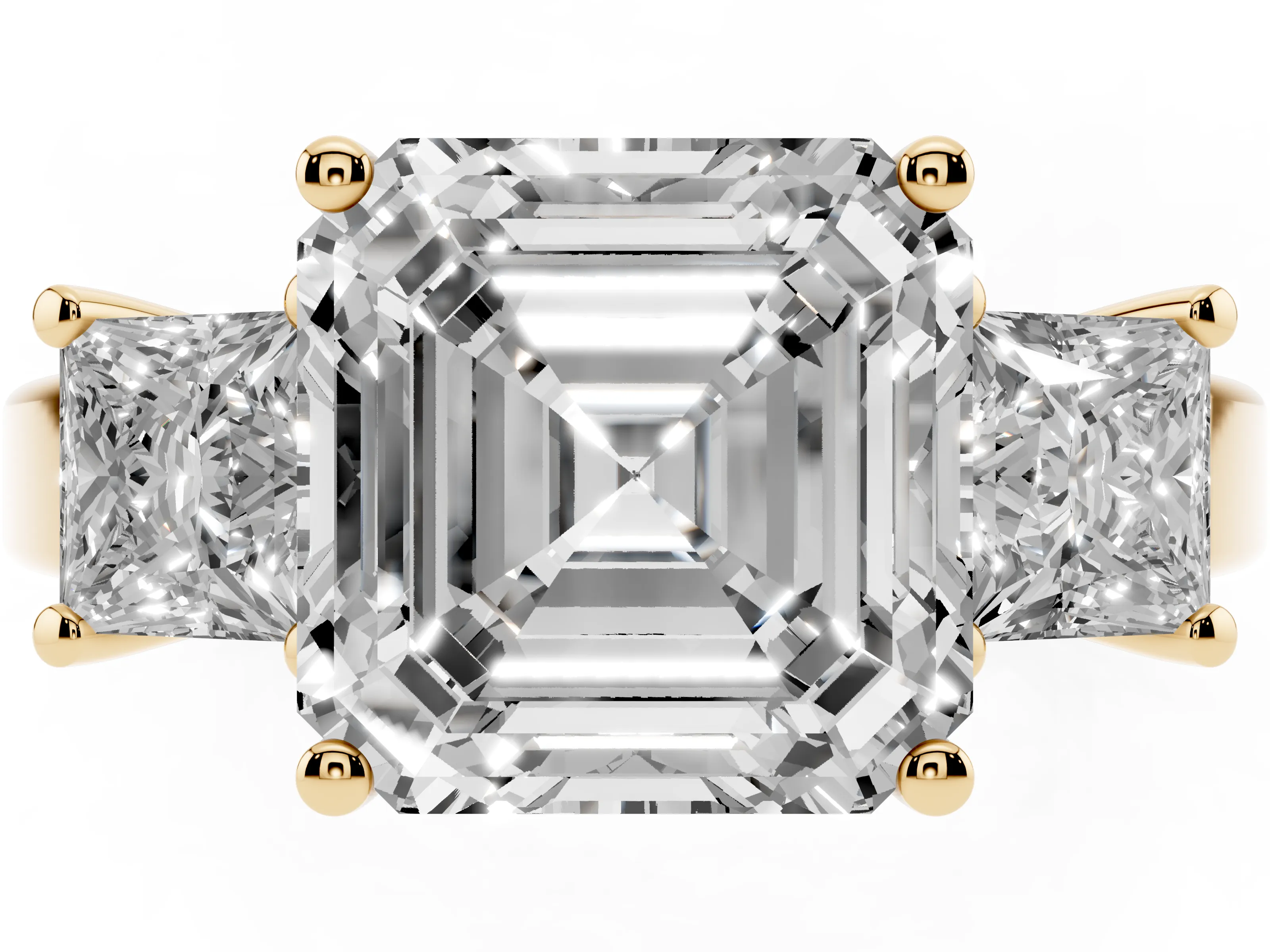 Three-Stone Asscher Cut Diamond Solitaire Ring Set in Yellow gold with Prong Setting