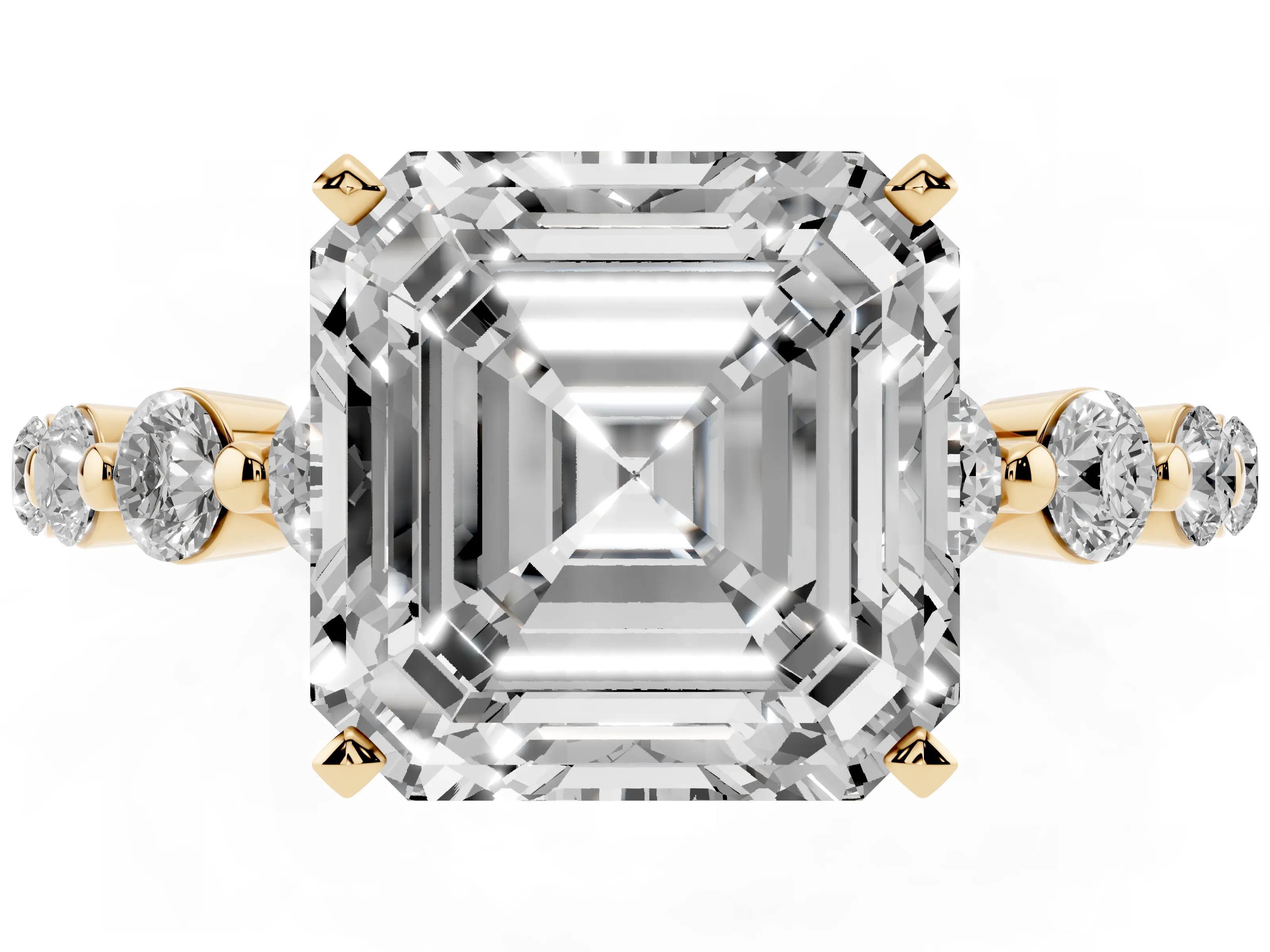 Asscher Cut Diamond Solitaire Ring Set in Yellow gold with Pavé Band and Prong Setting