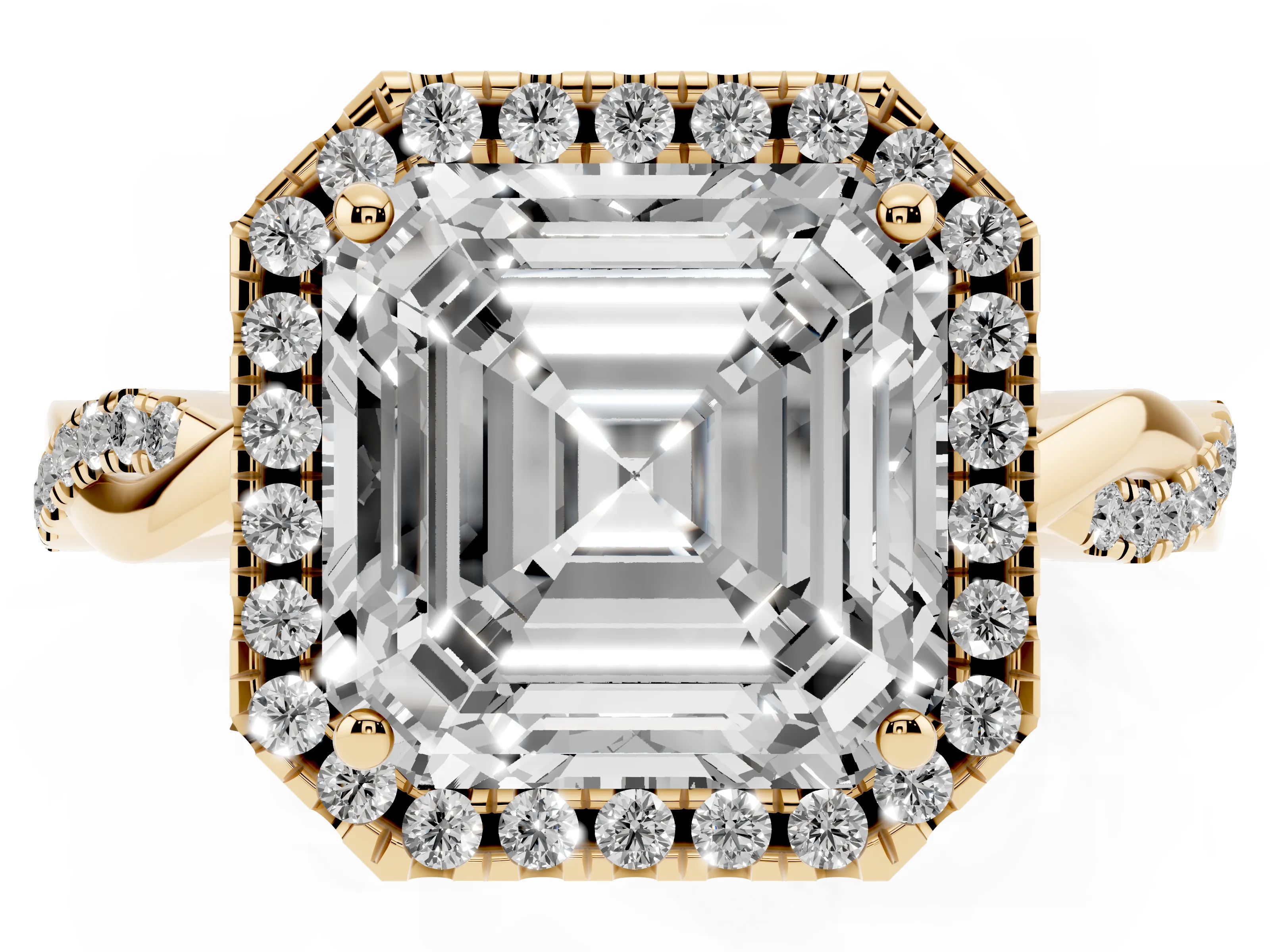 Asscher Cut Diamond Halo Twisted Band Ring Set in Yellow gold with Prong Setting