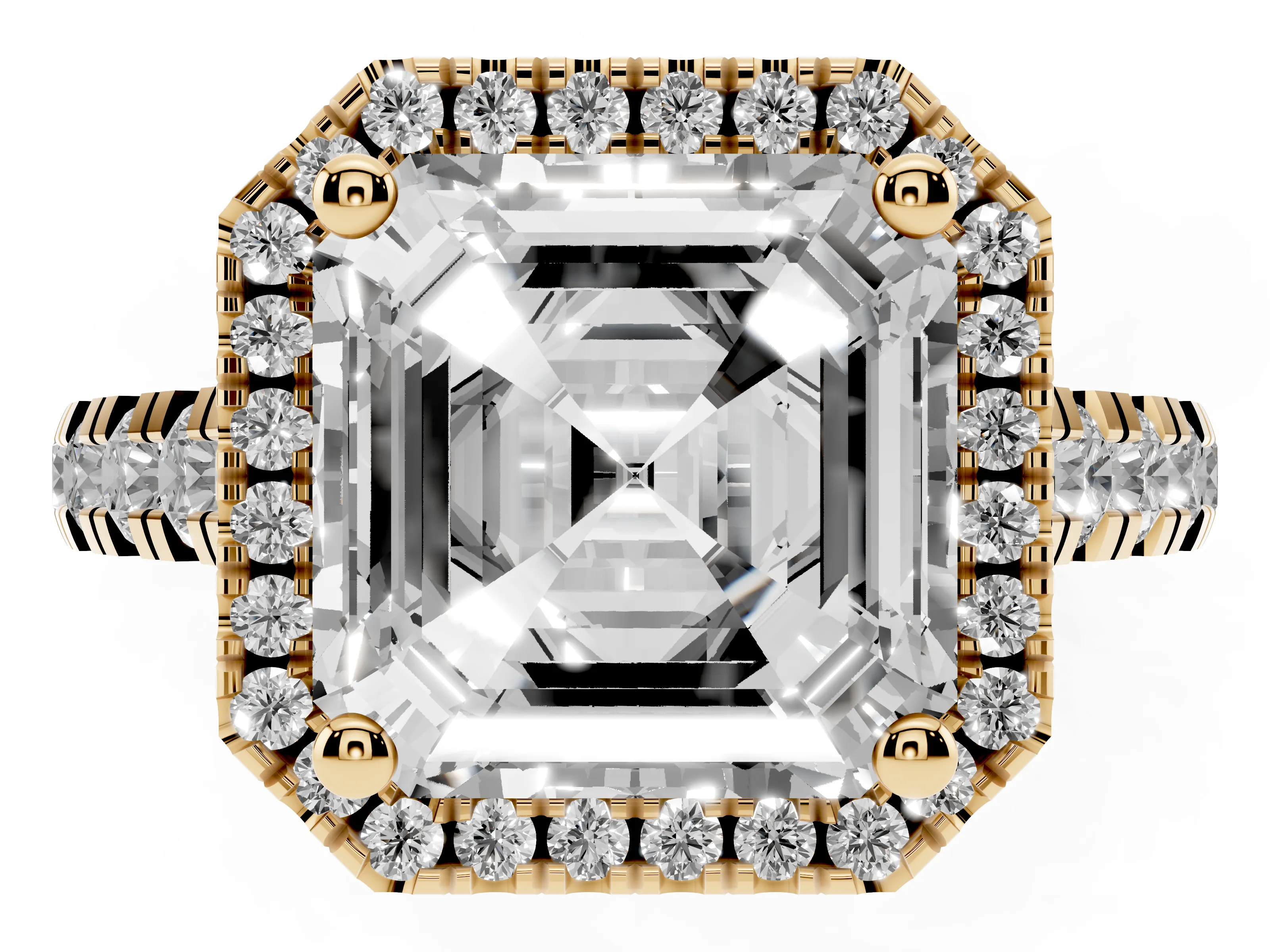 Asscher Cut Diamond Halo Engagement Ring Set in Yellow gold with Pavé Band and Prong-Set Center