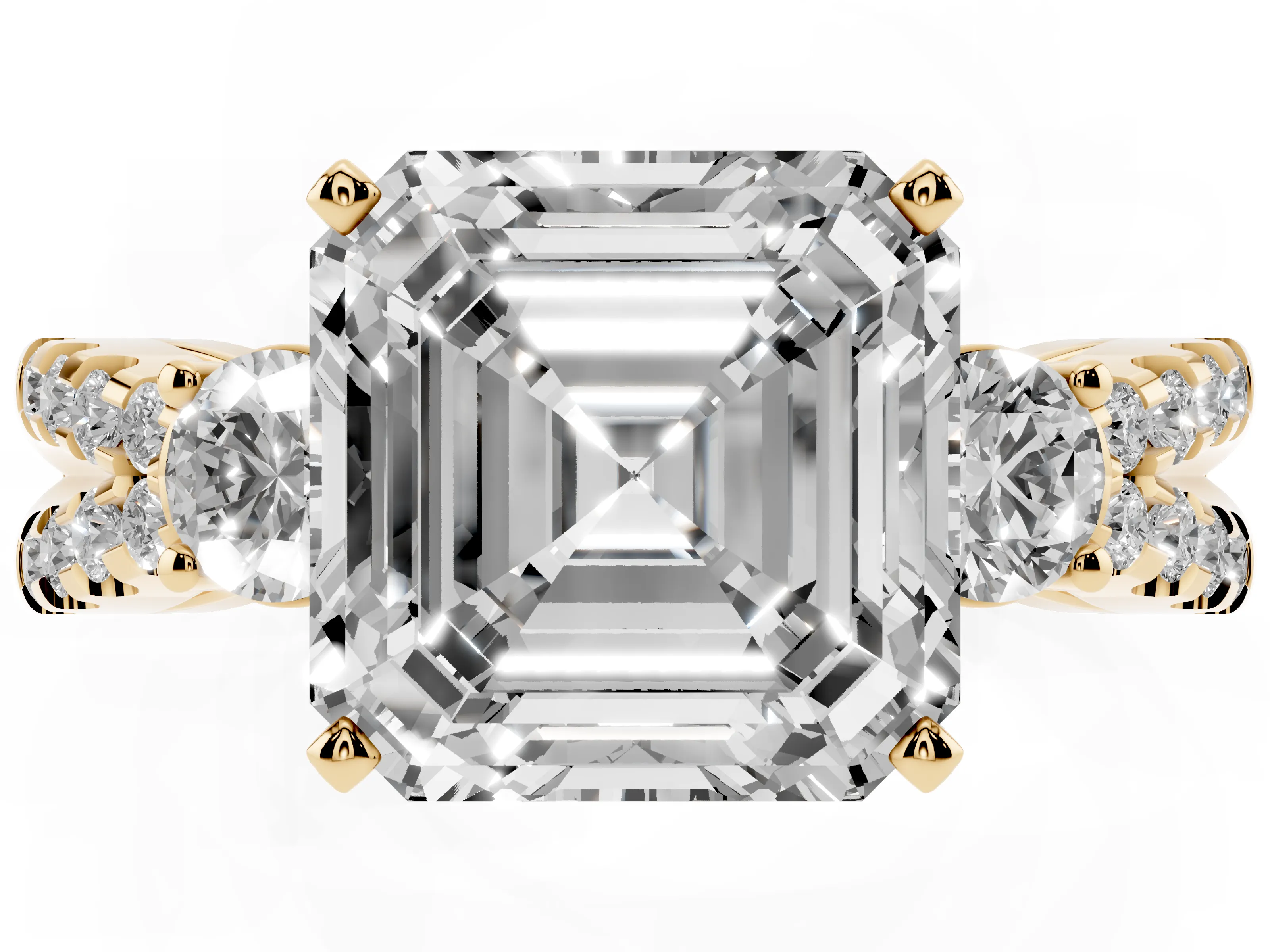 Asscher Cut Diamond Three-Stone Ring Set in Yellow gold with Pavé Split Shank and Prong Setting