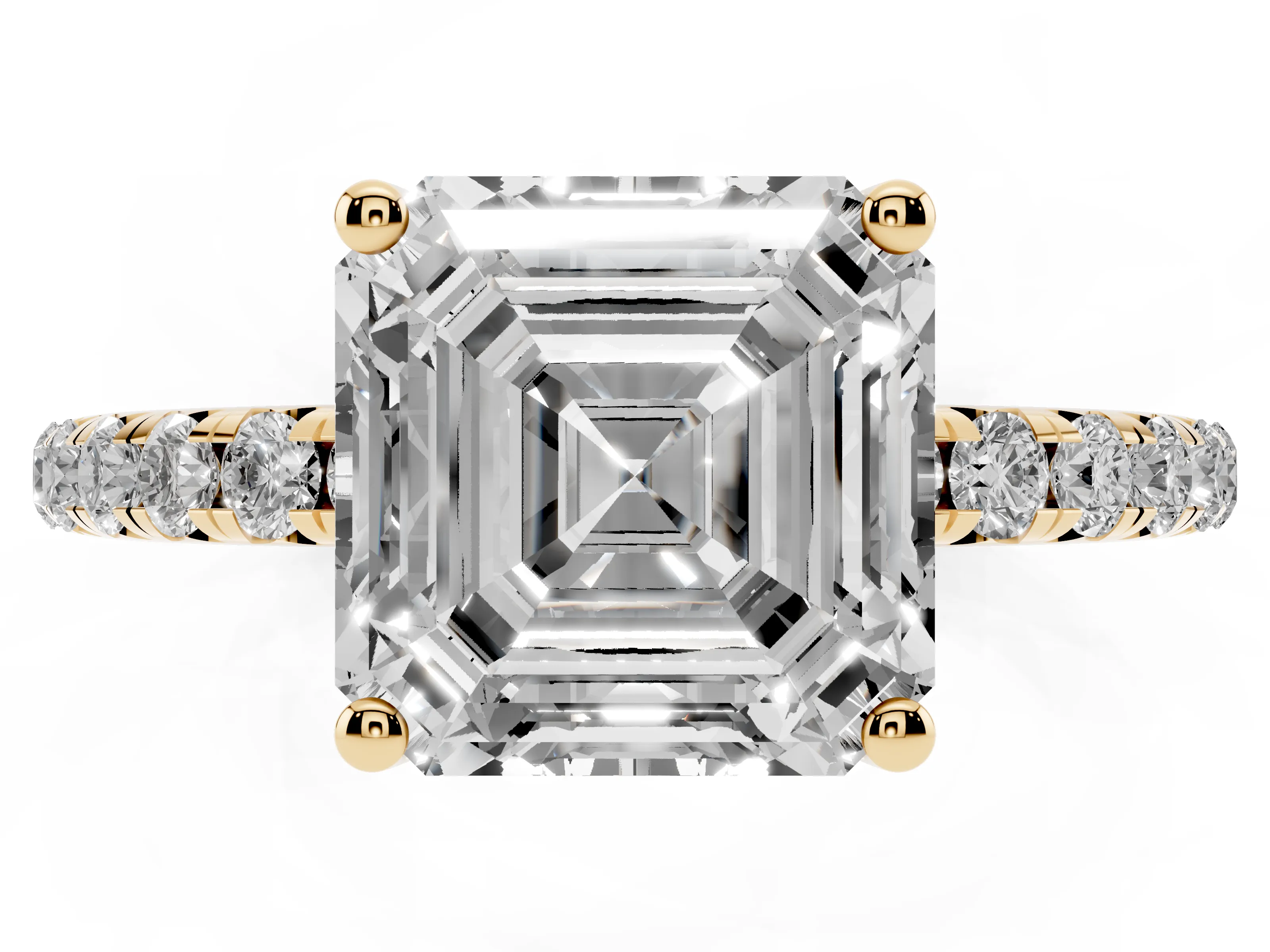 Asscher Cut Diamond Solitaire Ring Set in Yellow gold with Micro Pavé Band and Prong Setting