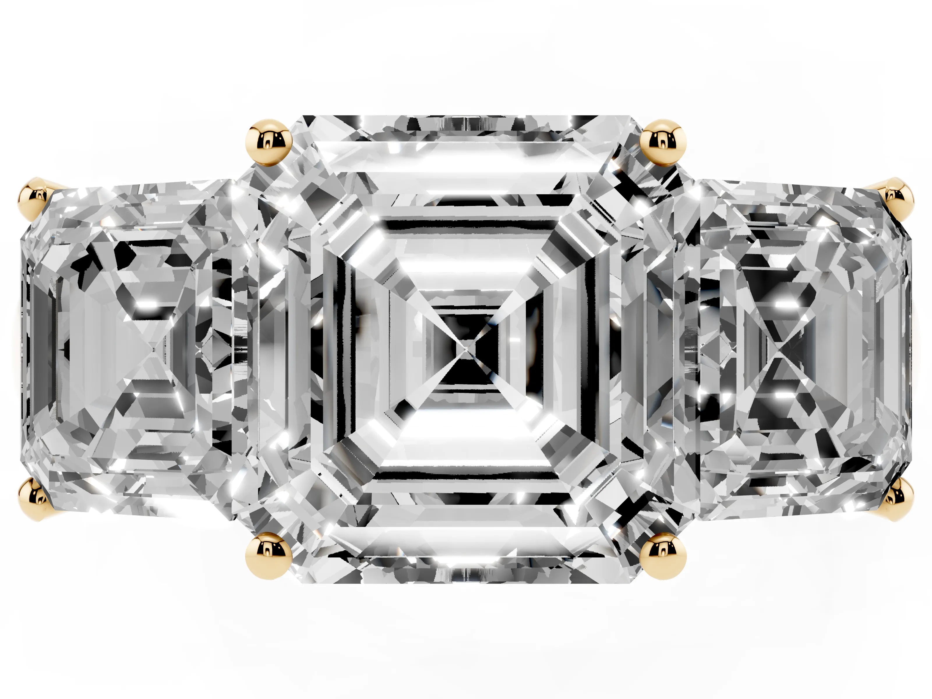 Asscher Cut Diamond Three-Stone Ring Set in Yellow gold with Classic Prong Setting and Plain Band