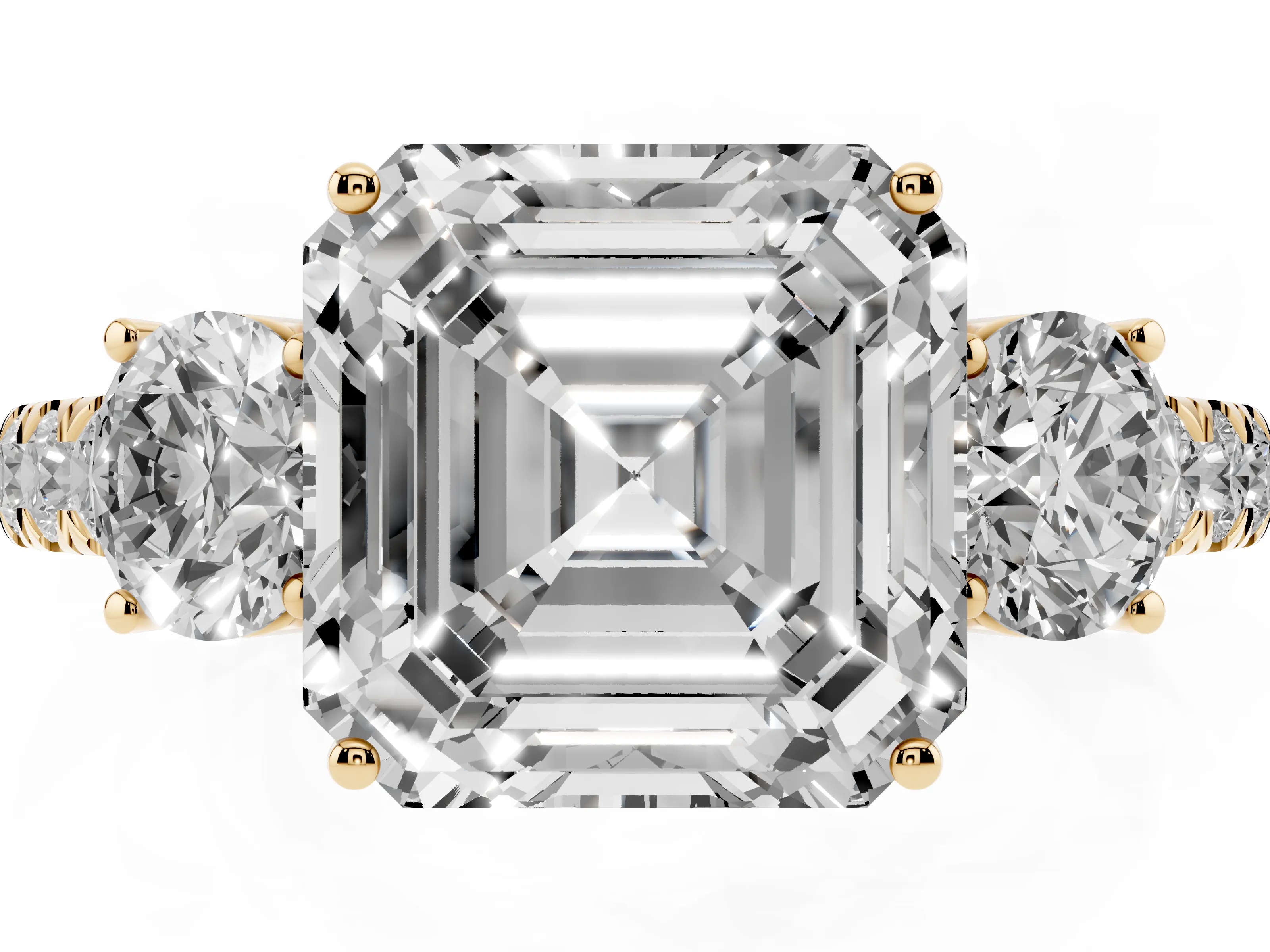 Asscher Cut Diamond Three-Stone Ring Set in Yellow gold with Round Side Stones and Delicate Pavé Band