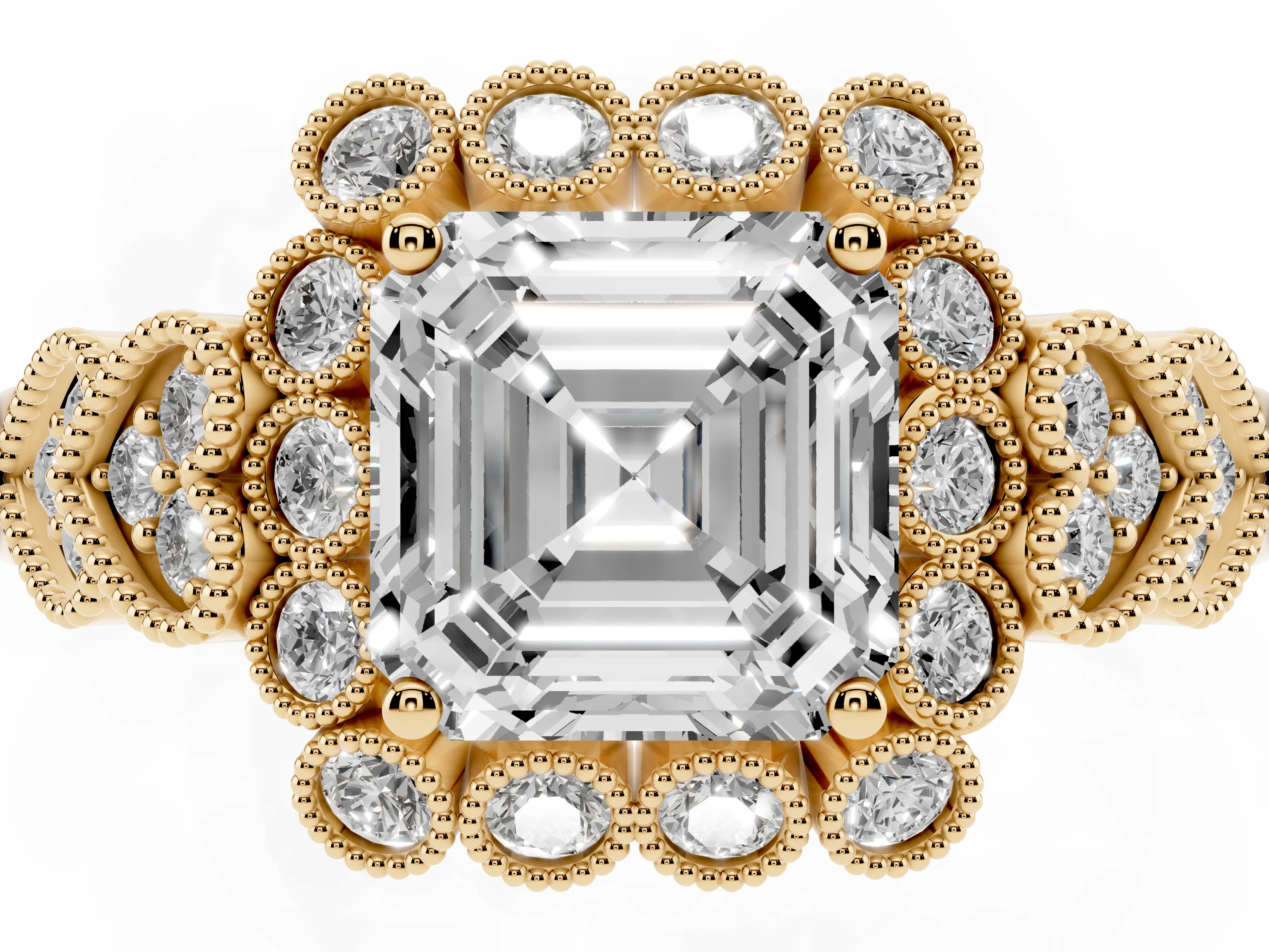 Asscher Cut Diamond Solitaire Ring Set in Yellow gold with Milgrain Pavé Heart Band