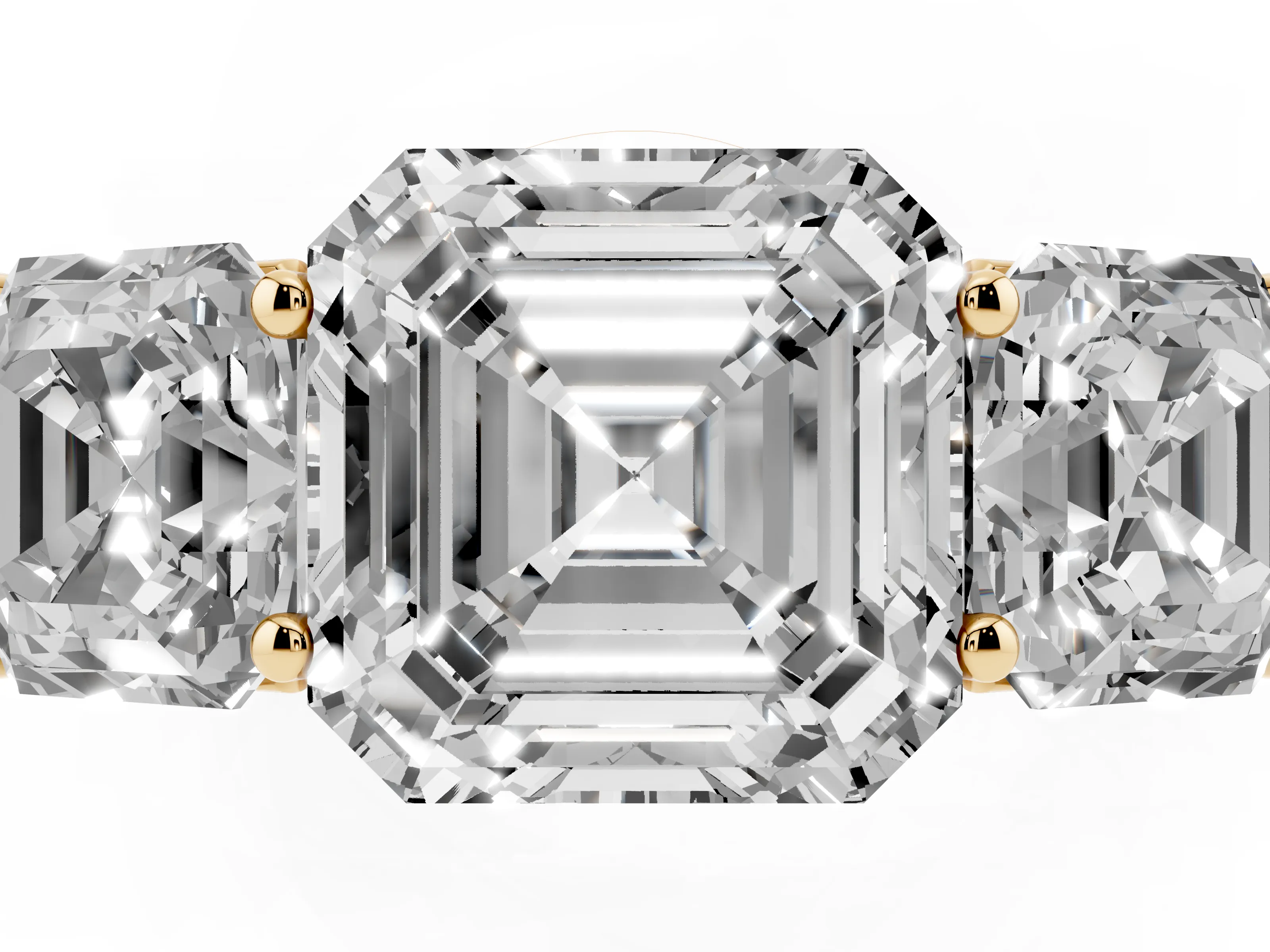 Asscher Cut Diamond Three-Stone Ring Set in Yellow gold with Plain Polished Band