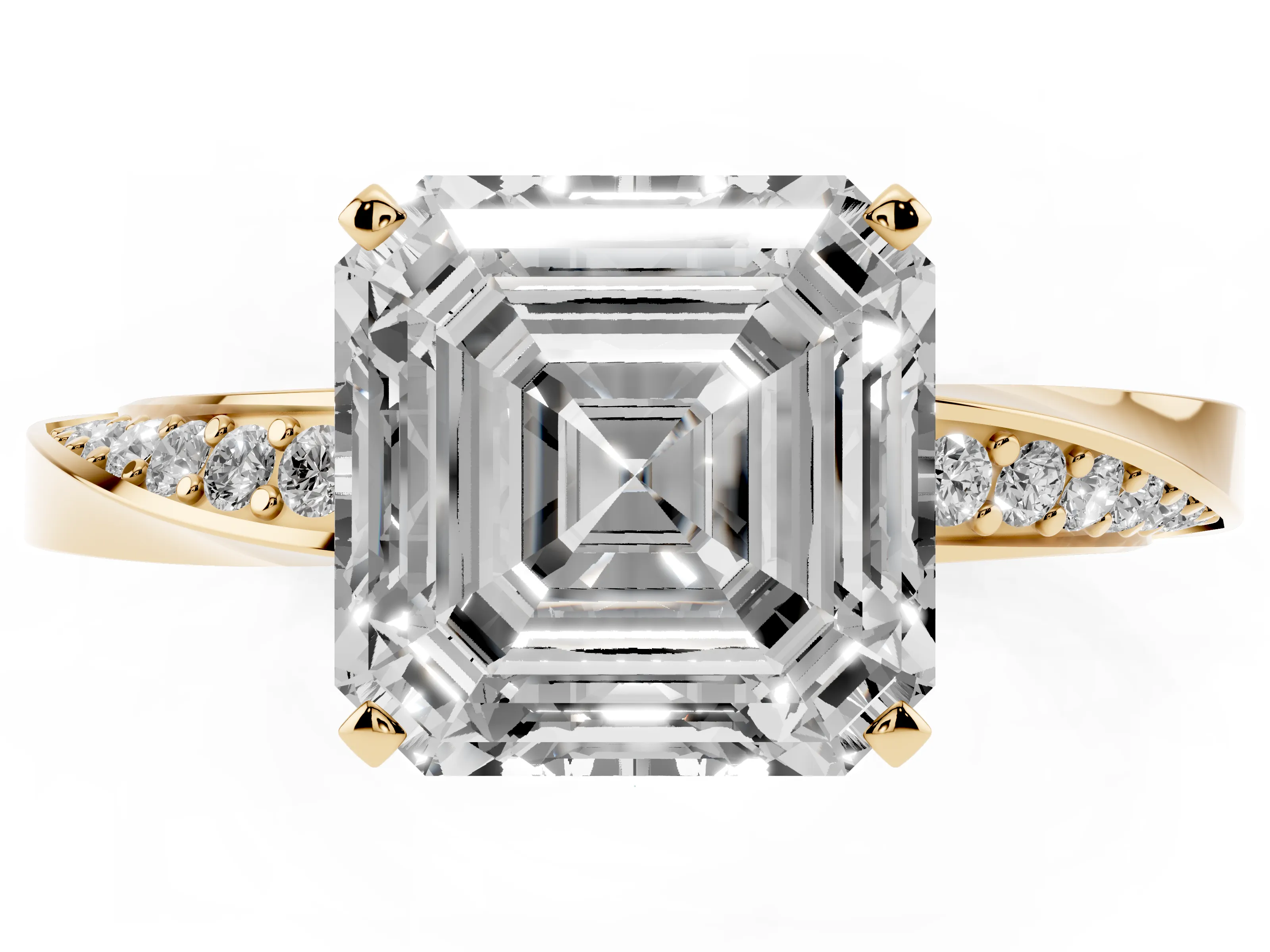 Asscher Cut Diamond Engagement Ring Set in Yellow gold with Side Stone Accents and Prong Setting